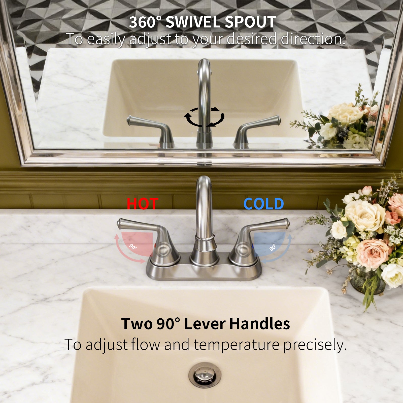 4 Inch 2-handle Bathroom Sink Faucet with Drain Assembly, Brushed Nickel