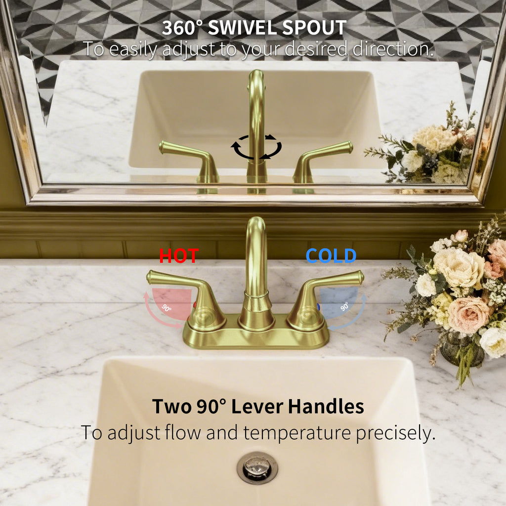 4 Inch 2-handle Bathroom Sink Faucet with Drain Assembly, Brushed Gold