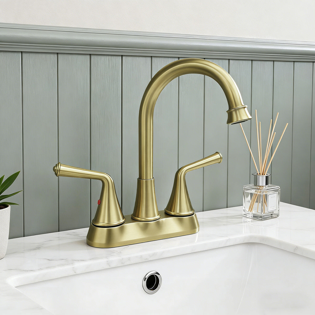 4 Inch 2-handle Bathroom Sink Faucet with Drain Assembly, Brushed Gold