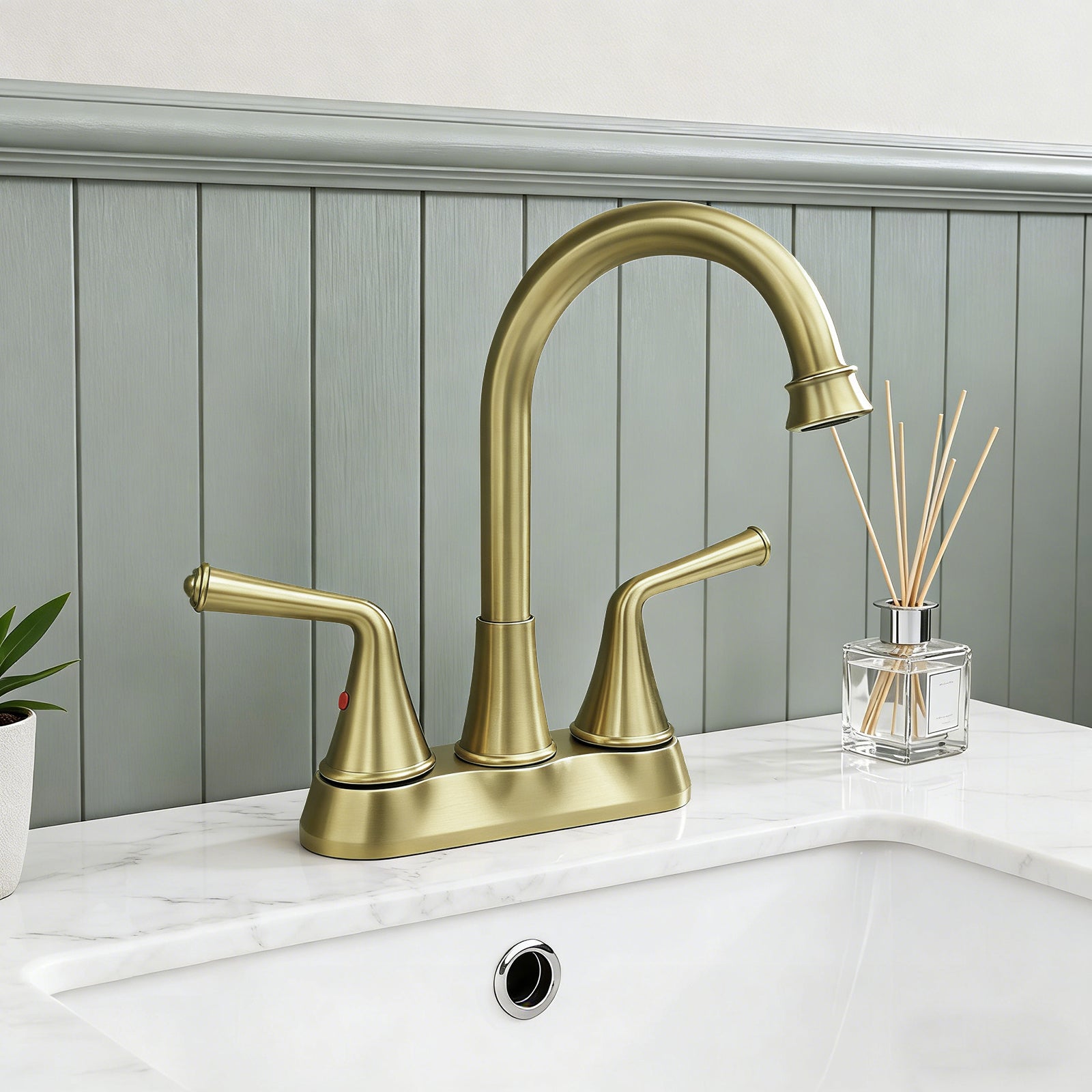 4 Inch 2-handle Bathroom Sink Faucet with Drain Assembly, Brushed Gold