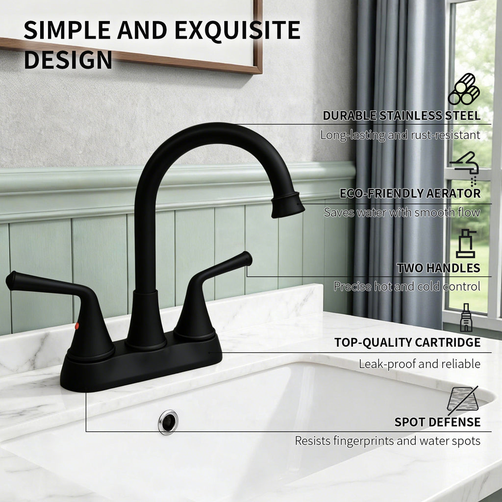 4 Inch 2-handle Bathroom Sink Faucet with Drain Assembly, Matte Black