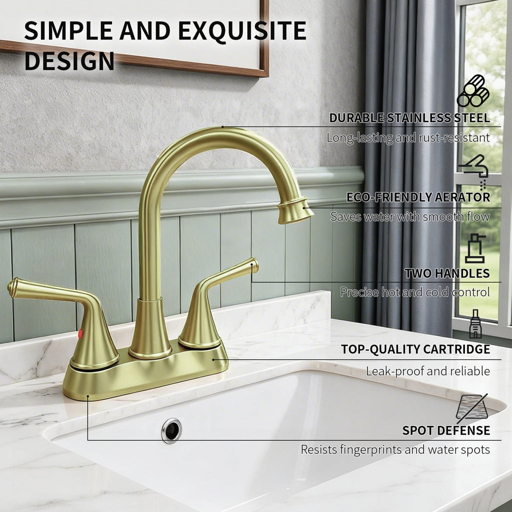 4 Inch 2-handle Bathroom Sink Faucet with Drain Assembly, Brushed Gold