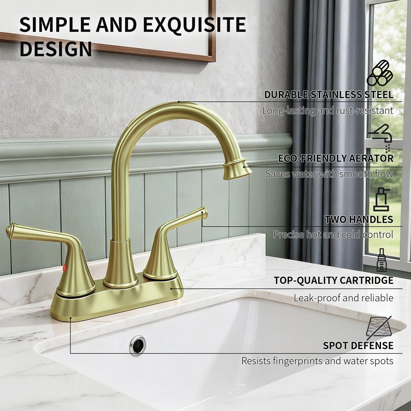 4 Inch 2-handle Bathroom Sink Faucet with Drain Assembly, Brushed Gold