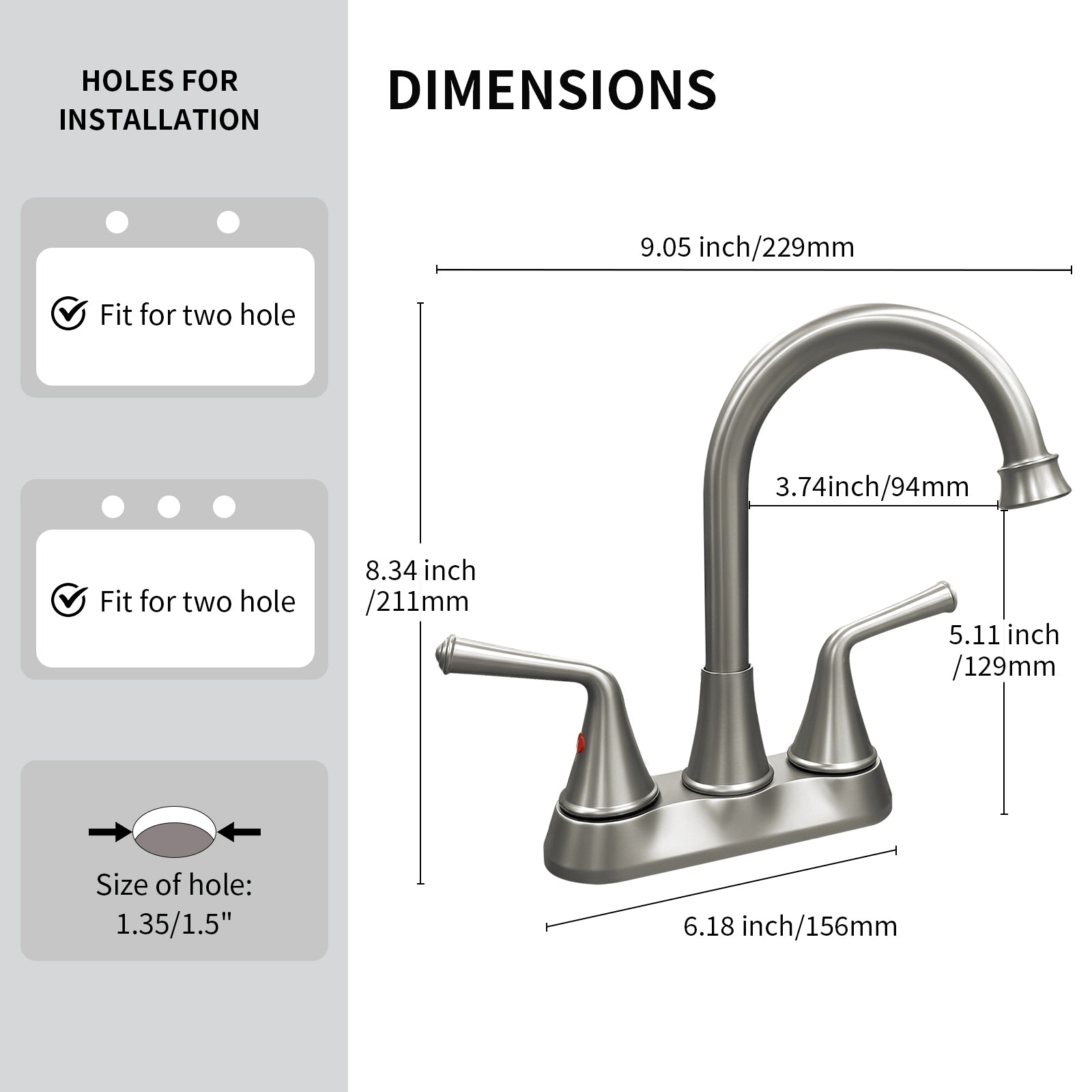 4 Inch 2-handle Bathroom Sink Faucet with Drain Assembly, Brushed Nickel