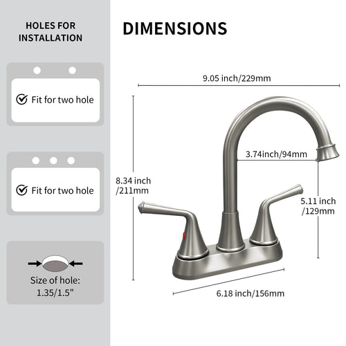 4 Inch 2-handle Bathroom Sink Faucet with Drain Assembly, Brushed Nickel