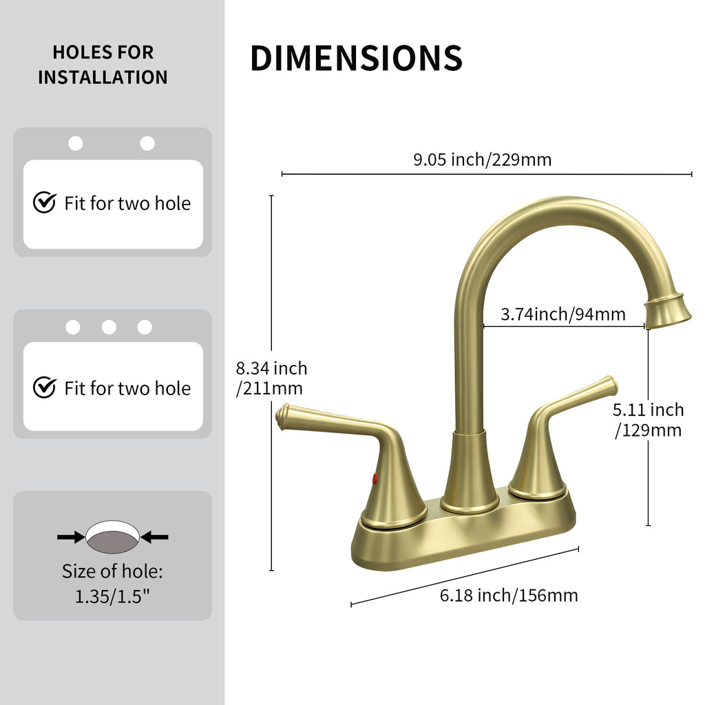 4 Inch 2-handle Bathroom Sink Faucet with Drain Assembly, Brushed Gold