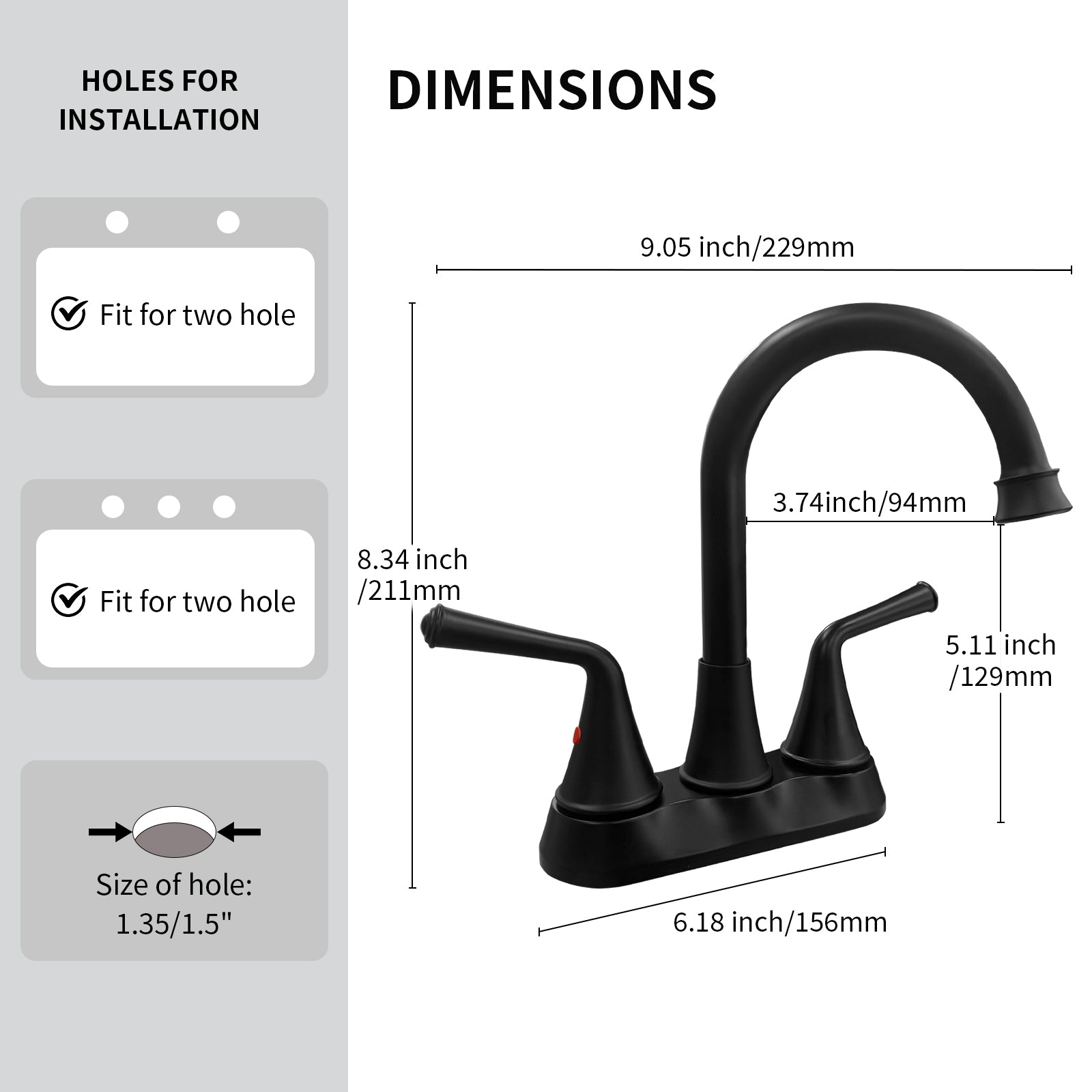 4 Inch 2-handle Bathroom Sink Faucet with Drain Assembly, Matte Black