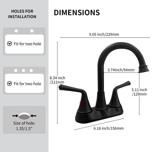 4 Inch 2-handle Bathroom Sink Faucet with Drain Assembly, Matte Black
