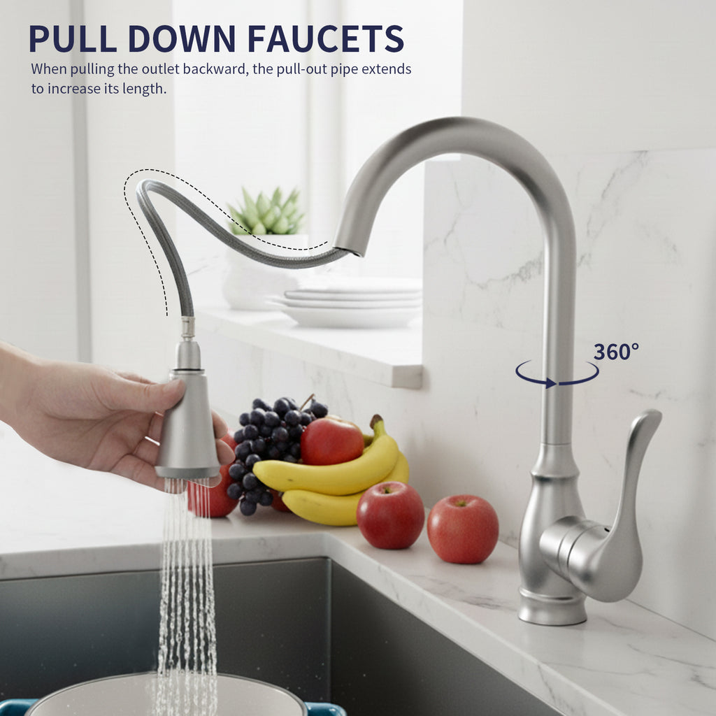 Kitchen Sink Faucet with Pull Down Sprayer, High Arc Single Handle Kitchen Faucet 2-Function 360° Swivel Stainless Steel Sink Faucet (Brushed Nickel)