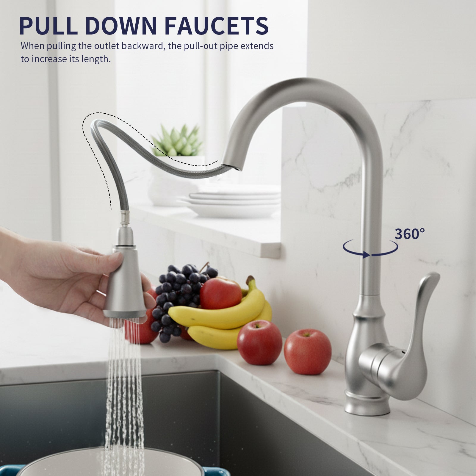 Kitchen Sink Faucet with Pull Down Sprayer, High Arc Single Handle Kitchen Faucet 2-Function 360° Swivel Stainless Steel Sink Faucet (Brushed Nickel)