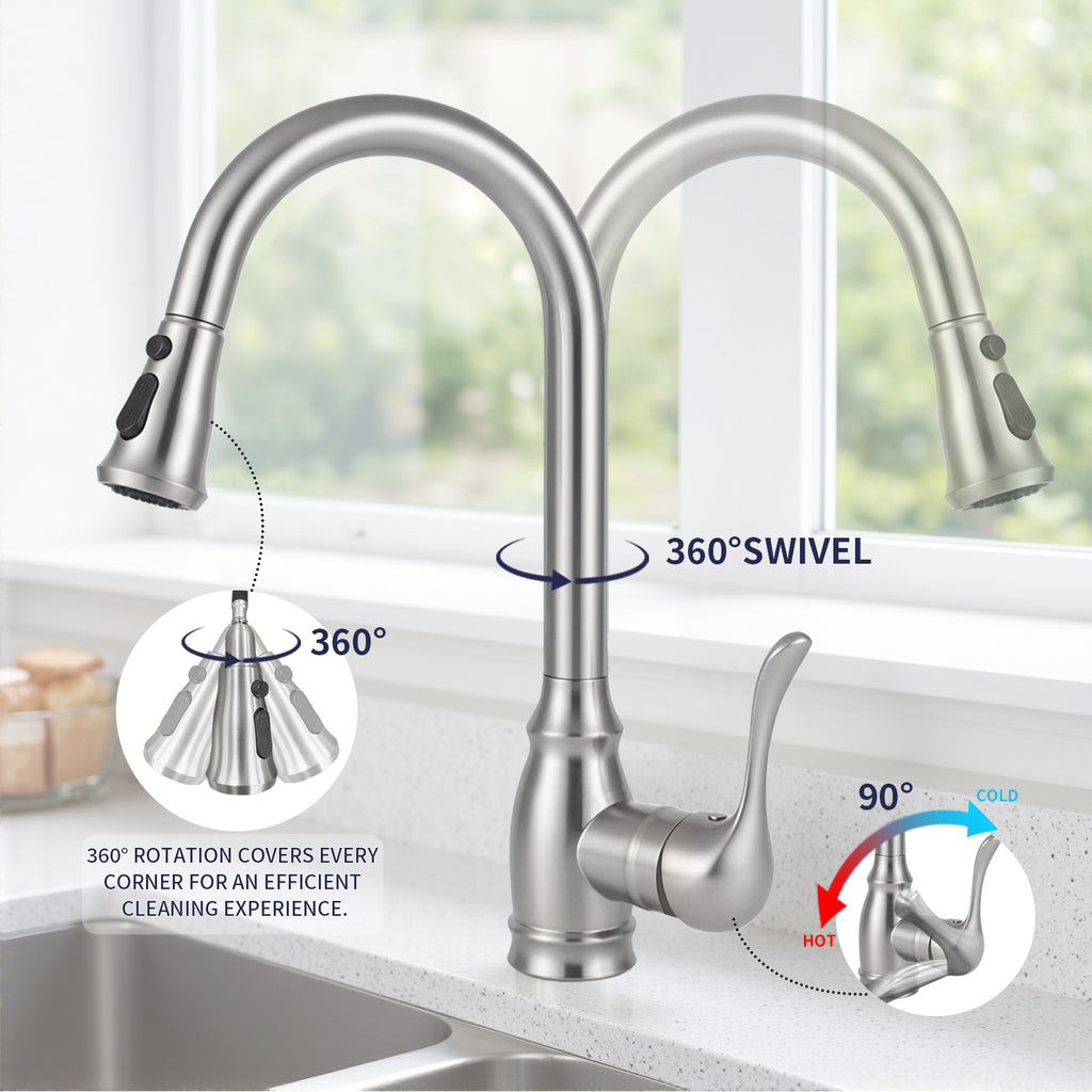 Kitchen Sink Faucet with Pull Down Sprayer, High Arc Single Handle Kitchen Faucet 2-Function 360° Swivel Stainless Steel Sink Faucet (Brushed Nickel)