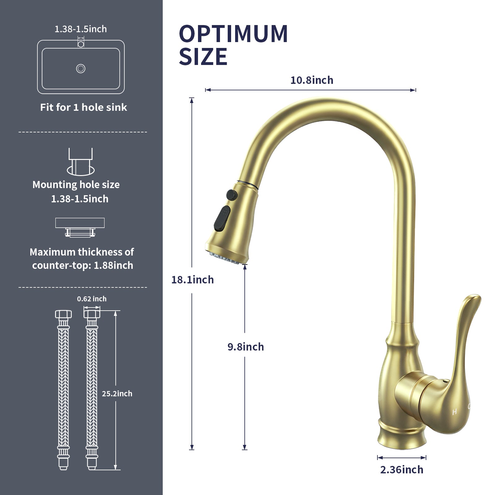 Kitchen Sink Faucet with Pull Down Sprayer, High Arc Single Handle Kitchen Faucet 2-Function 360° Swivel Stainless Steel Sink Faucet (Brushed Gold)