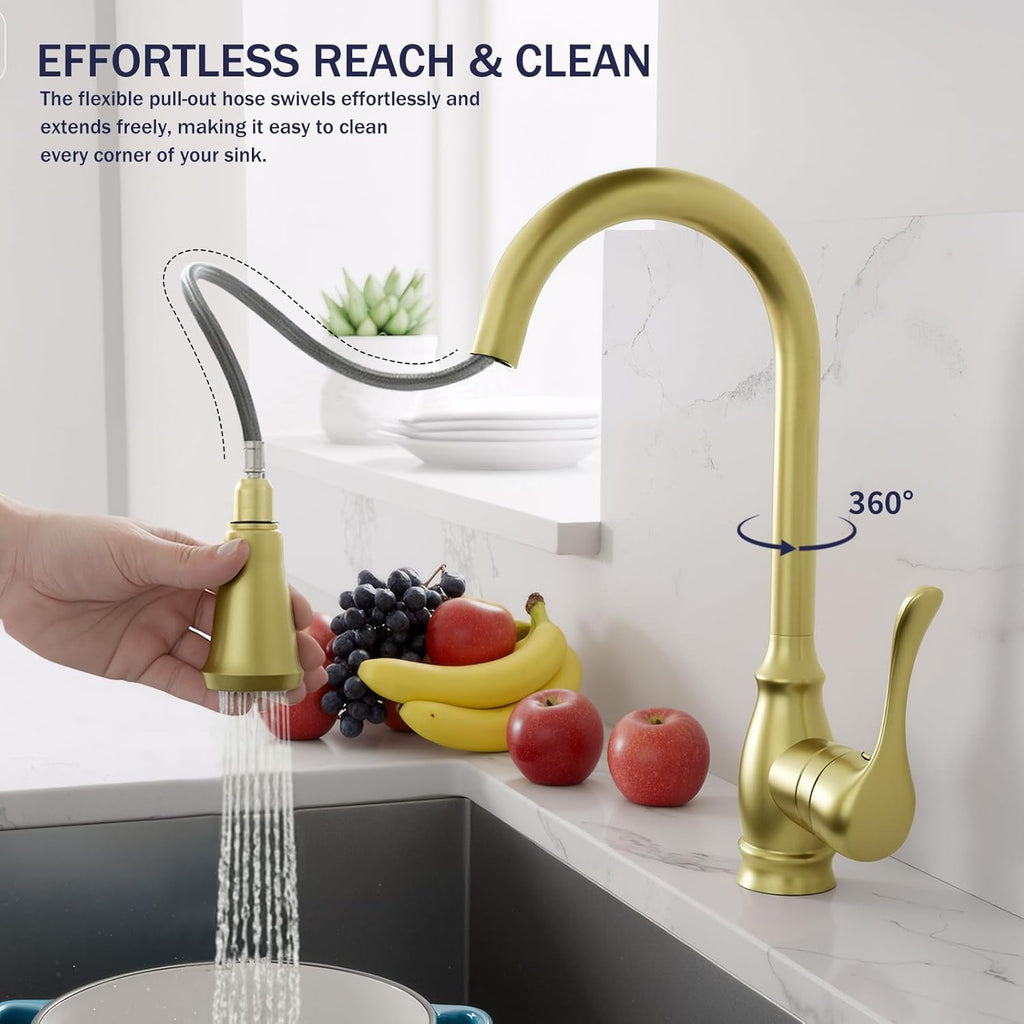 Kitchen Sink Faucet with Pull Down Sprayer, High Arc Single Handle Kitchen Faucet 2-Function 360° Swivel Stainless Steel Sink Faucet (Brushed Gold)