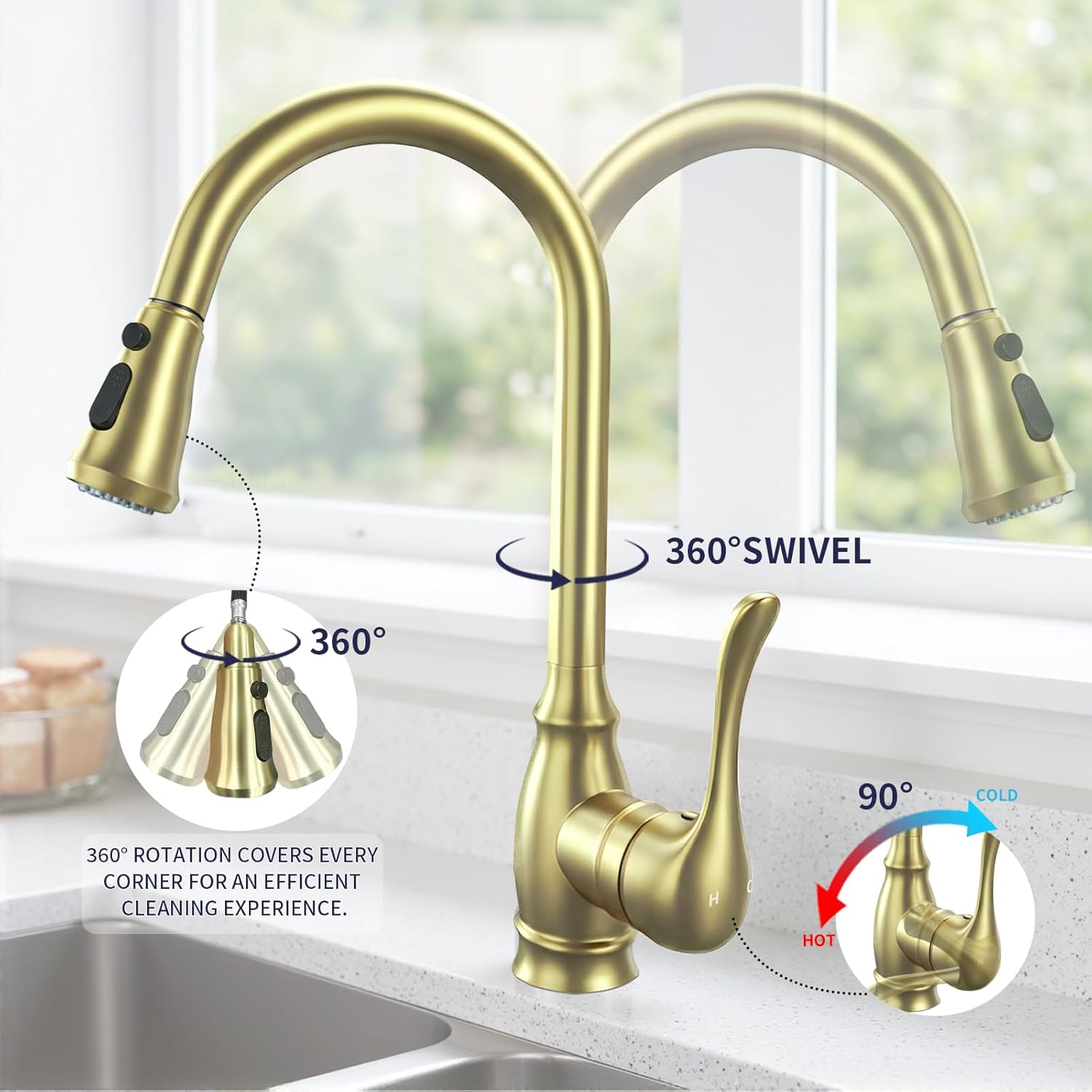 Kitchen Sink Faucet with Pull Down Sprayer, High Arc Single Handle Kitchen Faucet 2-Function 360° Swivel Stainless Steel Sink Faucet (Brushed Gold)