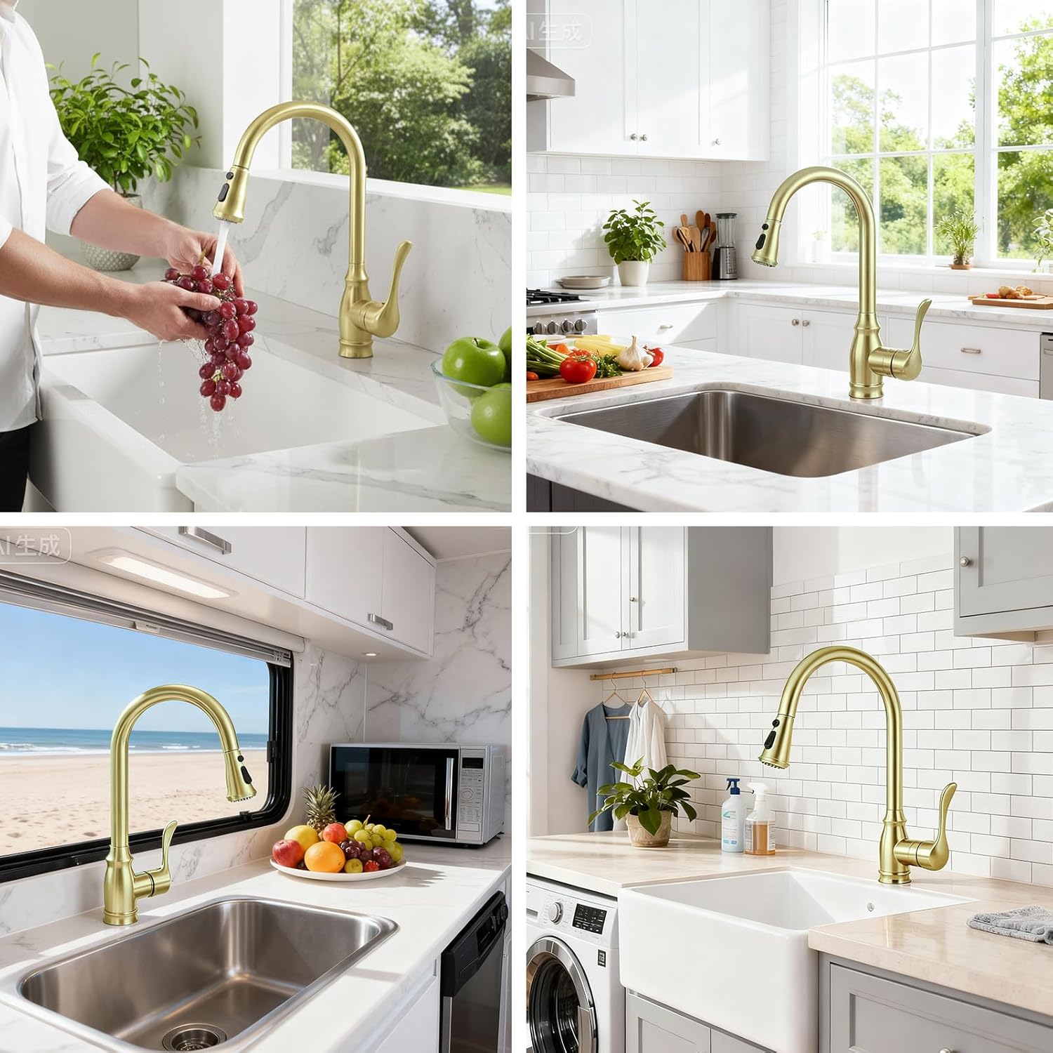 Kitchen Sink Faucet with Pull Down Sprayer, High Arc Single Handle Kitchen Faucet 2-Function 360° Swivel Stainless Steel Sink Faucet (Brushed Gold)