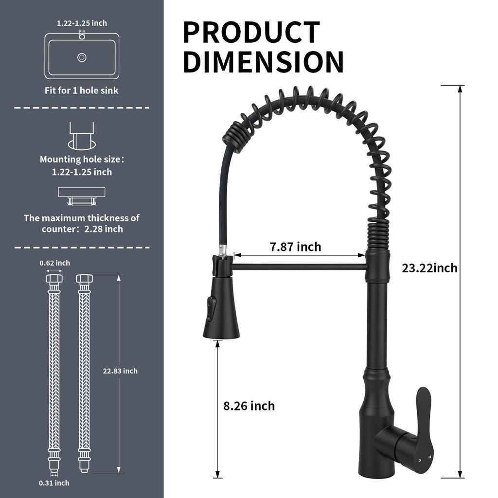 High Arc Commercial Spring Style 2-Function Single Handle Pull Down Kitchen Faucet, Black CZ425402