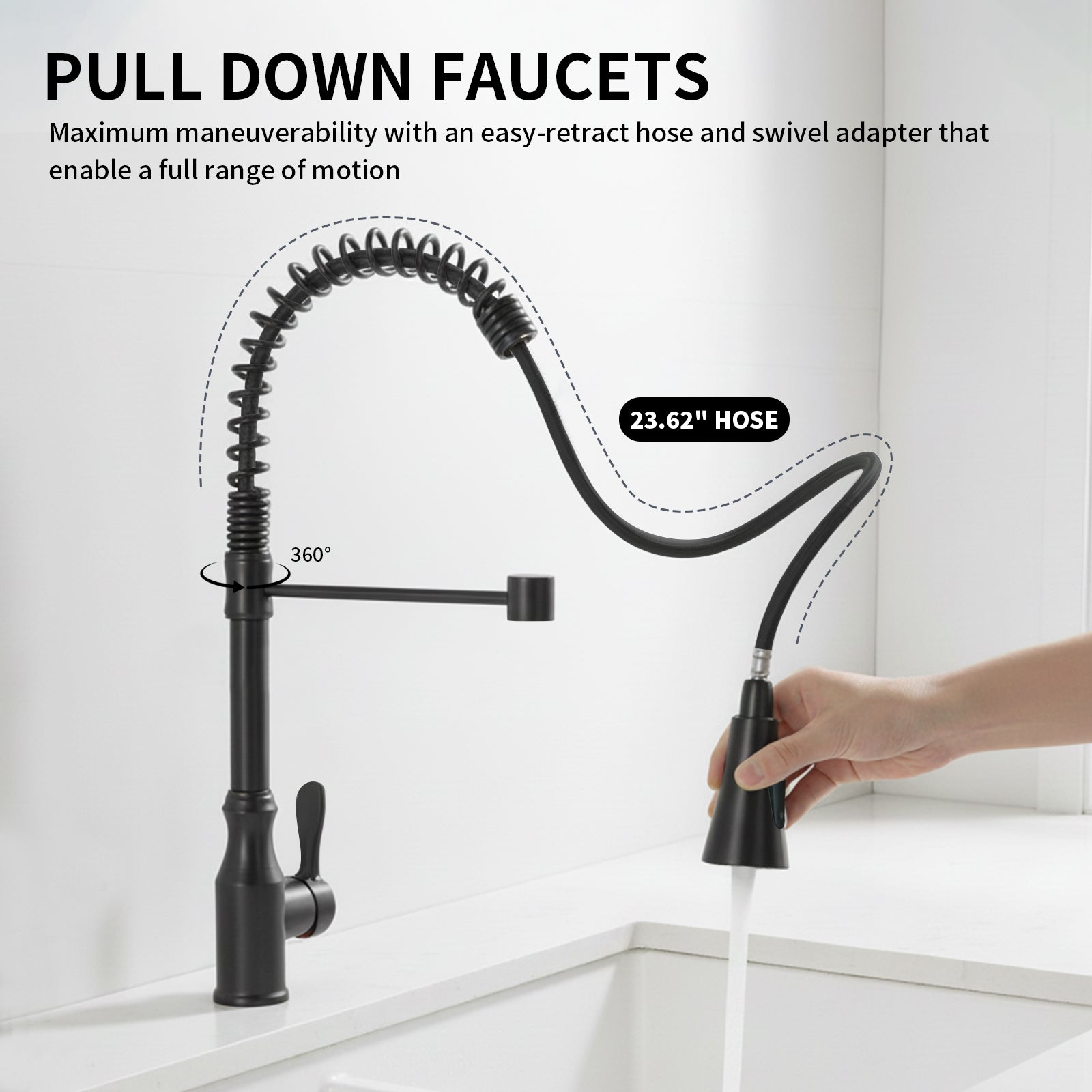 Kitchen Sink Faucet with Pull Down Sprayer, Spot Free Stainless Steel & Brass, High Arc Spring Faucet Single Handle 360° Swivel 1.8 GPM 1-Hole Mount (Matte Black)