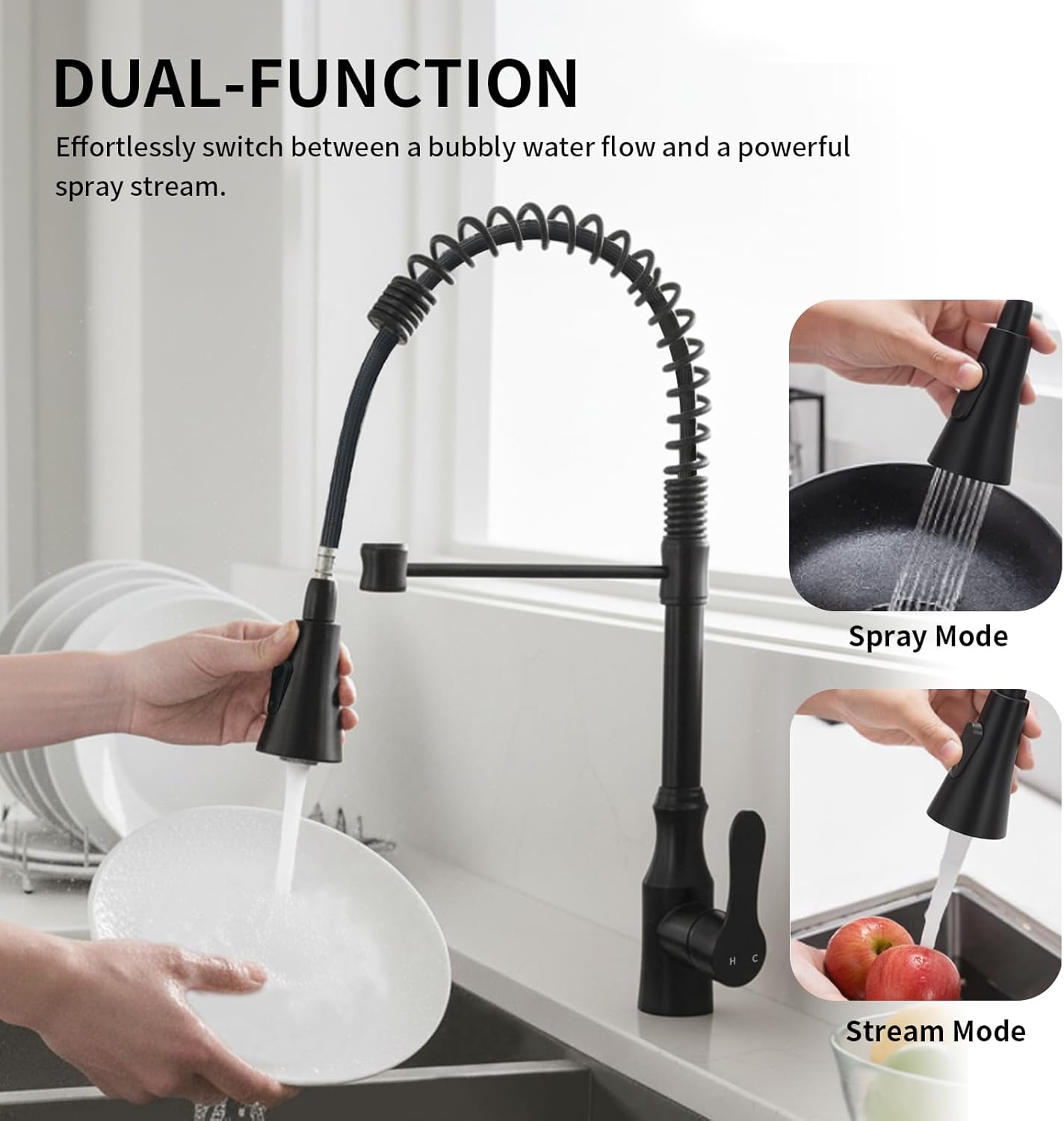 Kitchen Sink Faucet with Pull Down Sprayer, Spot Free Stainless Steel & Brass, High Arc Spring Faucet Single Handle 360° Swivel 1.8 GPM 1-Hole Mount (Matte Black)