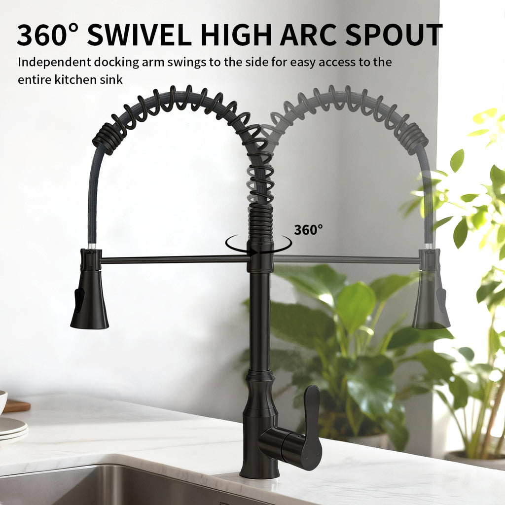 High Arc Commercial Spring Style 2-Function Single Handle Pull Down Kitchen Faucet, Black CZ425402