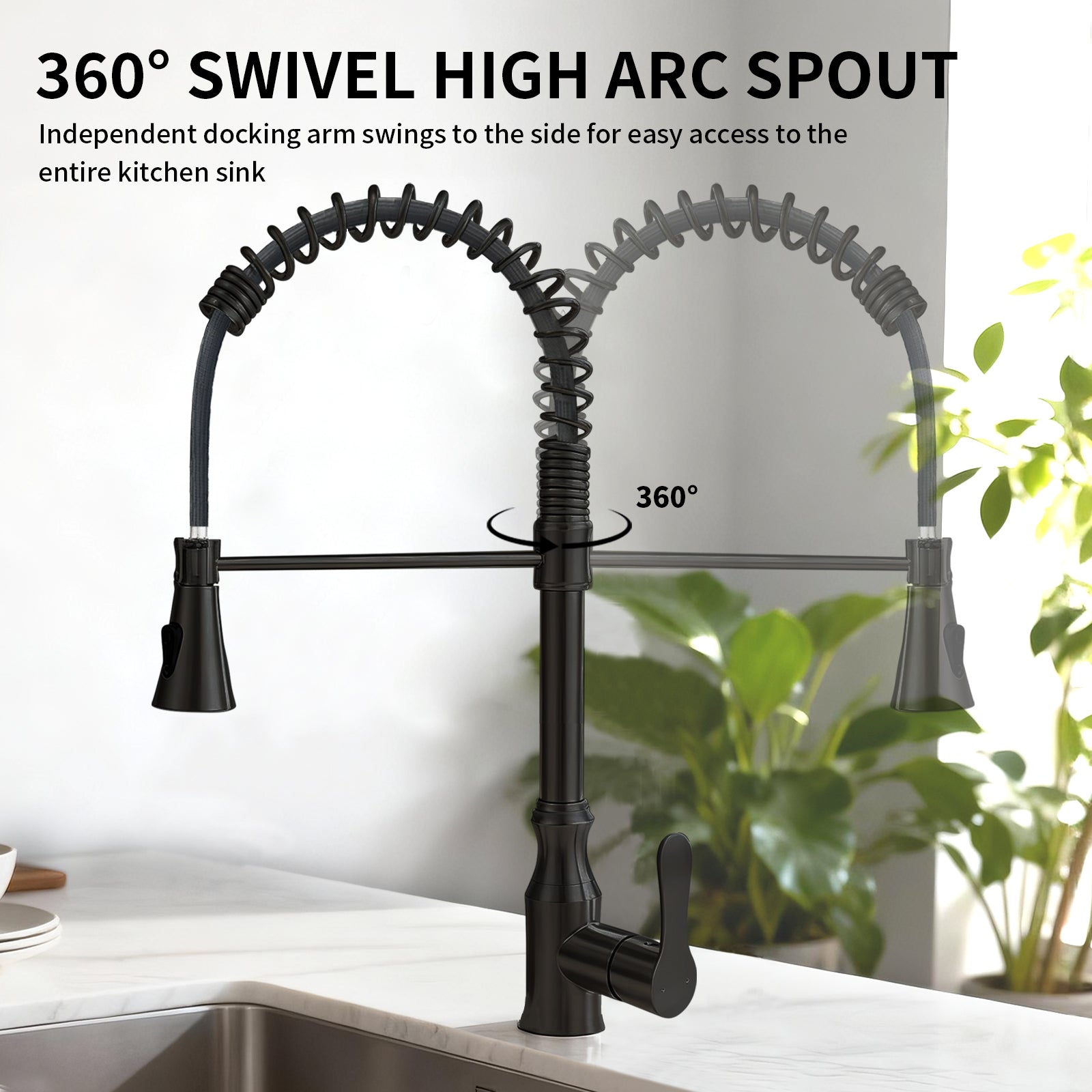 Kitchen Sink Faucet with Pull Down Sprayer, Spot Free Stainless Steel & Brass, High Arc Spring Faucet Single Handle 360° Swivel 1.8 GPM 1-Hole Mount (Matte Black)
