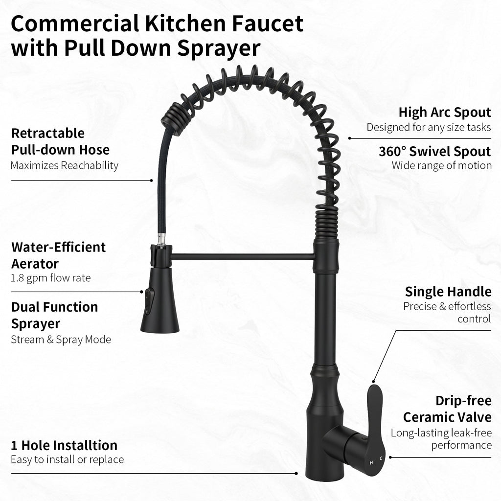 High Arc Commercial Spring Style 2-Function Single Handle Pull Down Kitchen Faucet, Black CZ425402