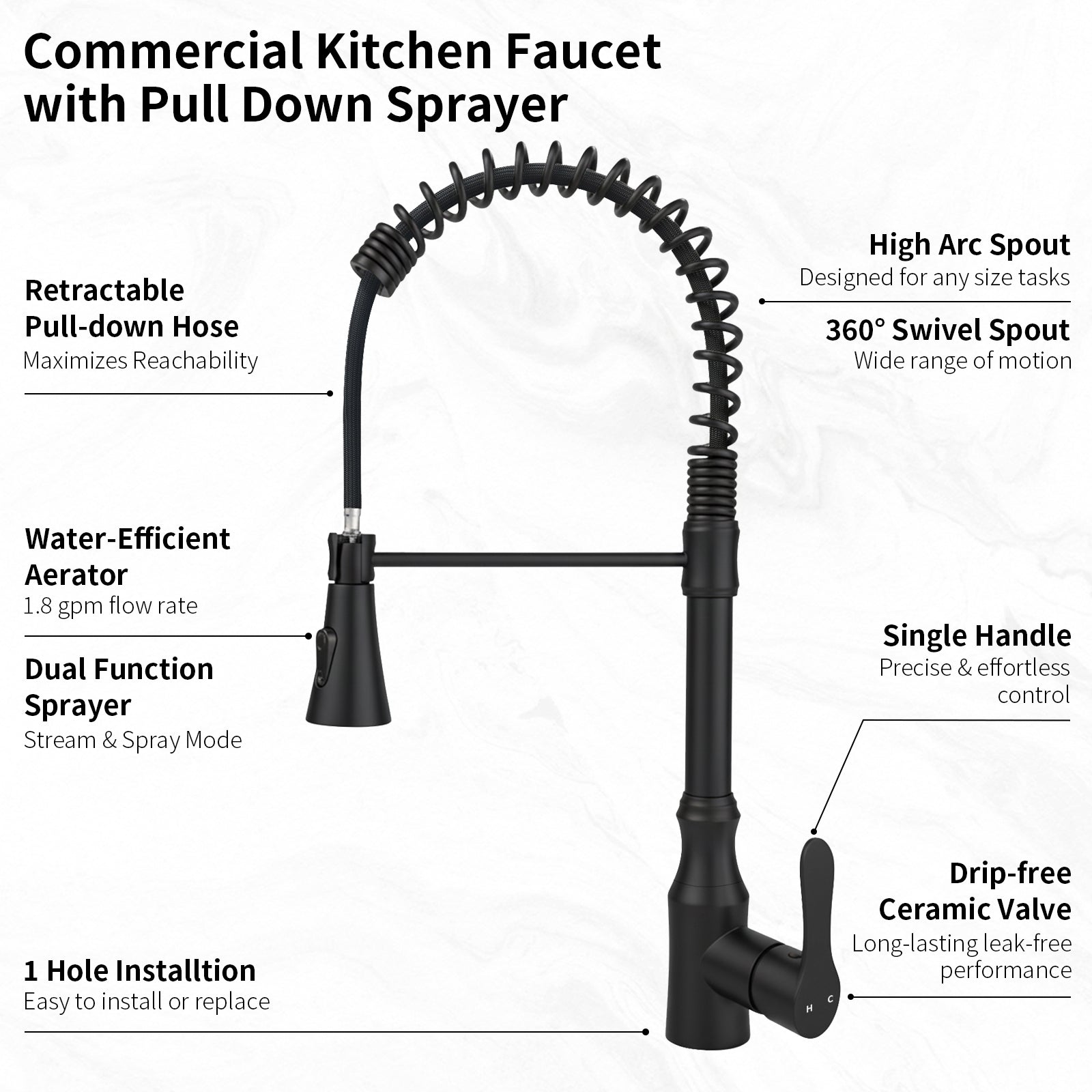 High Arc Commercial Spring Style 2-Function Single Handle Pull Down Kitchen Faucet, Black CZ425402