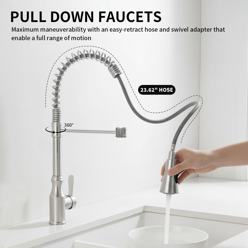 High Arc Commercial Spring Style 2-Function Single Handle Pull Down Kitchen Faucet, Brushed Nickel CZ425402