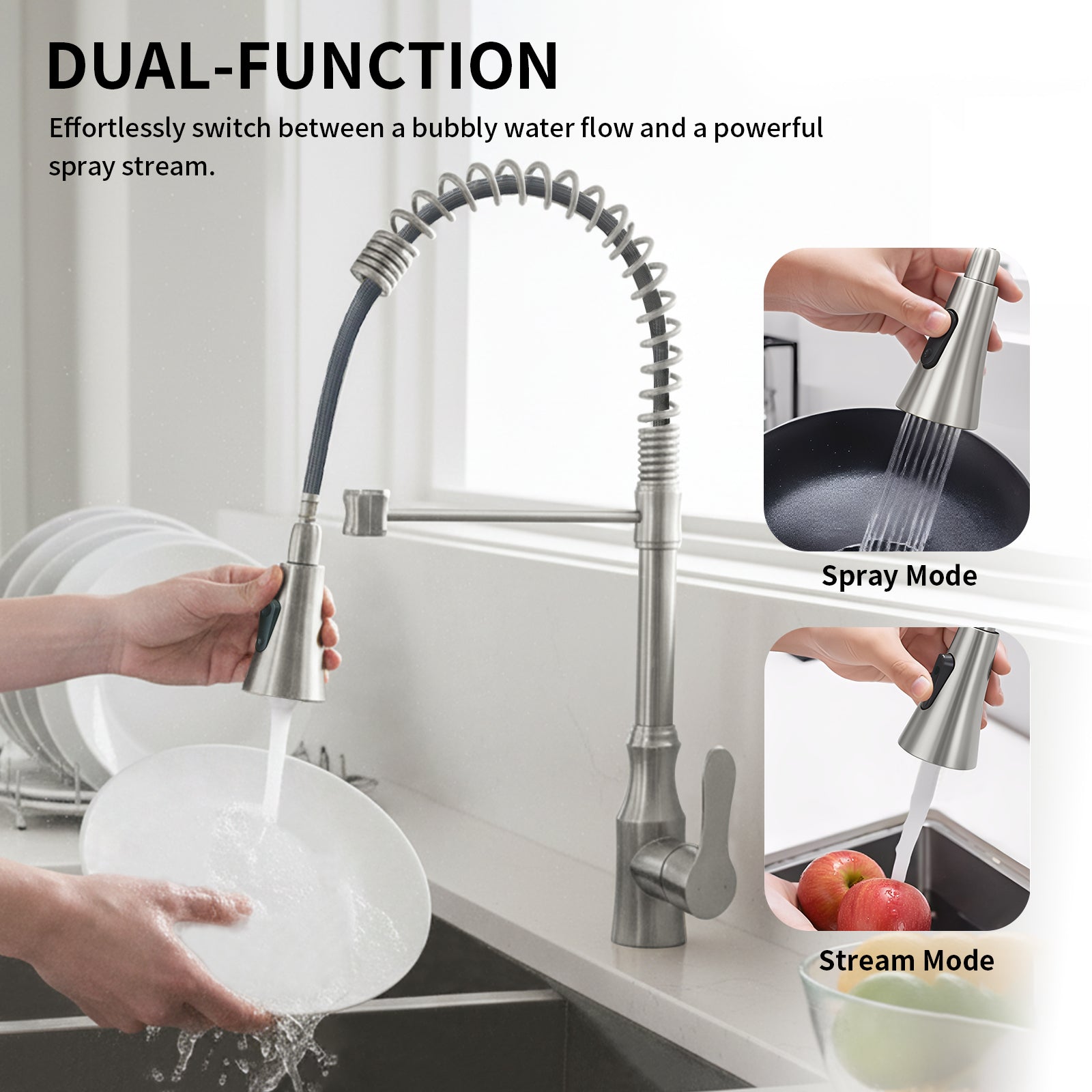 Kitchen Sink Faucet with Pull Down Sprayer, Spot Free Stainless Steel & Brass, High Arc Spring Faucet Single Handle 360° Swivel 1.8 GPM 1-Hole Mount (Brushed Nickel)