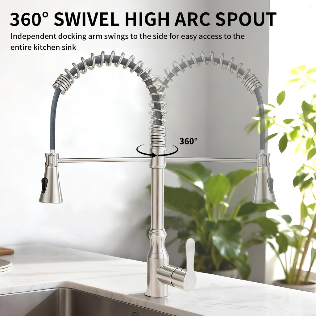 High Arc Commercial Spring Style 2-Function Single Handle Pull Down Kitchen Faucet, Brushed Nickel CZ425402