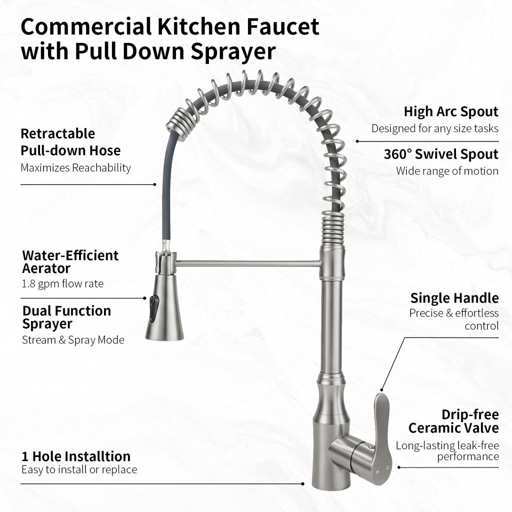 High Arc Commercial Spring Style 2-Function Single Handle Pull Down Kitchen Faucet, Brushed Nickel CZ425402