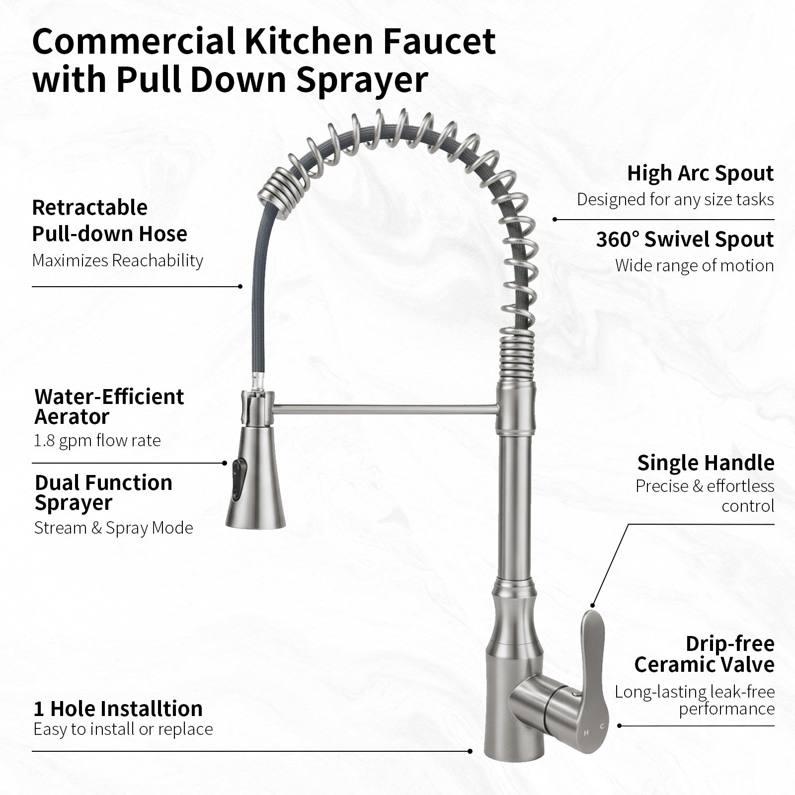 High Arc Commercial Spring Style 2-Function Single Handle Pull Down Kitchen Faucet, Brushed Nickel CZ425402