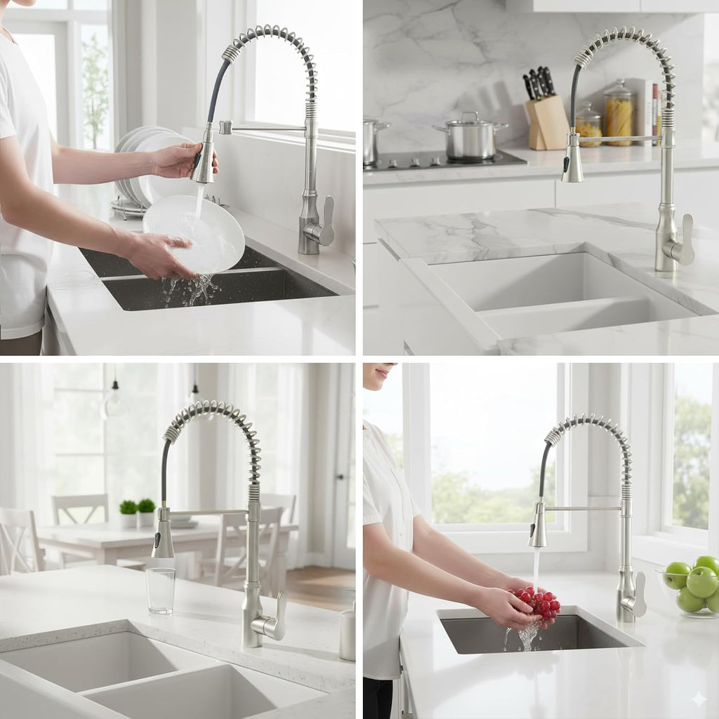 High Arc Commercial Spring Style 2-Function Single Handle Pull Down Kitchen Faucet, Brushed Nickel CZ425402