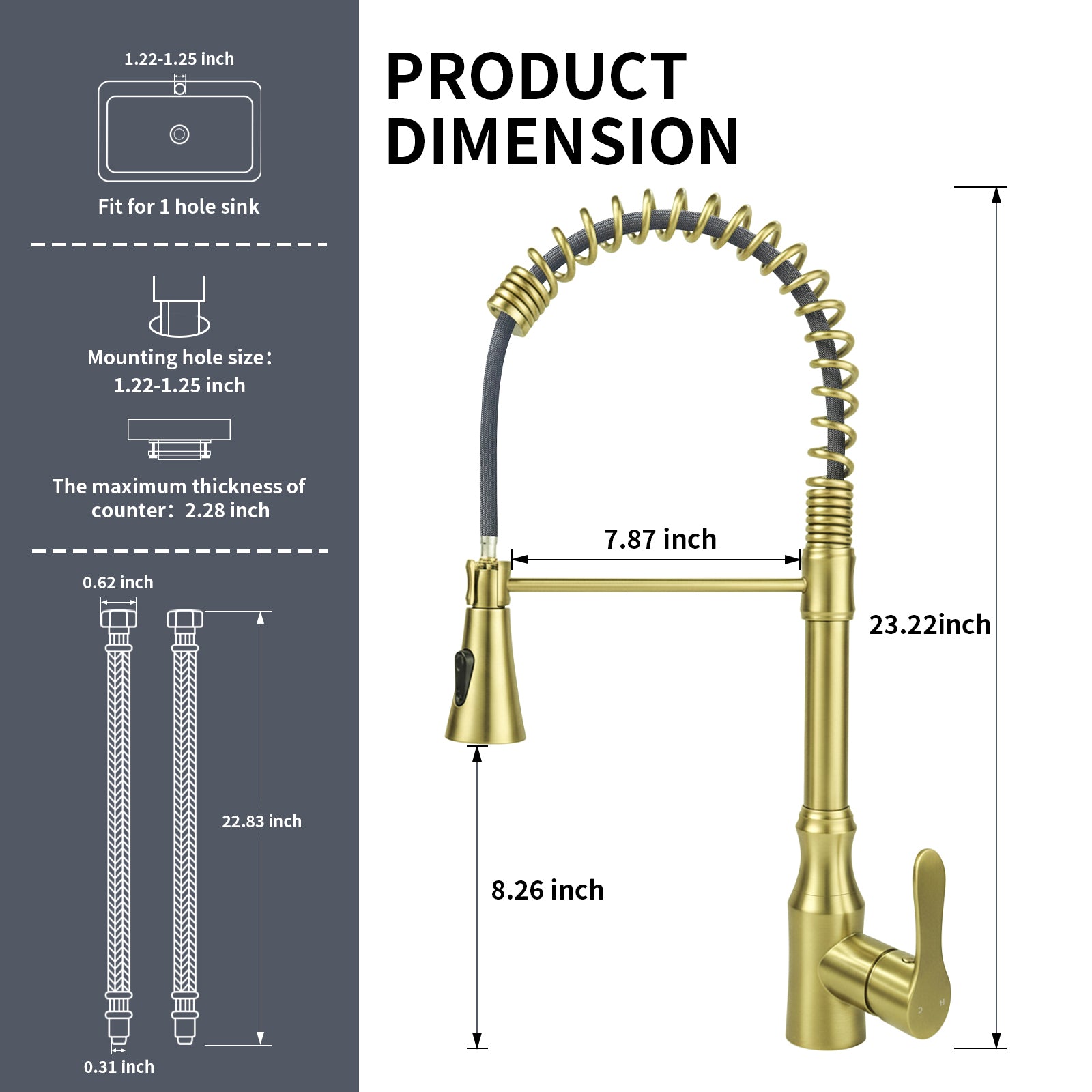 Kitchen Sink Faucet with Pull Down Sprayer, Spot Free Stainless Steel & Brass, High Arc Spring Faucet Single Handle 360° Swivel 1.8 GPM 1-Hole Mount (Brushed Gold)