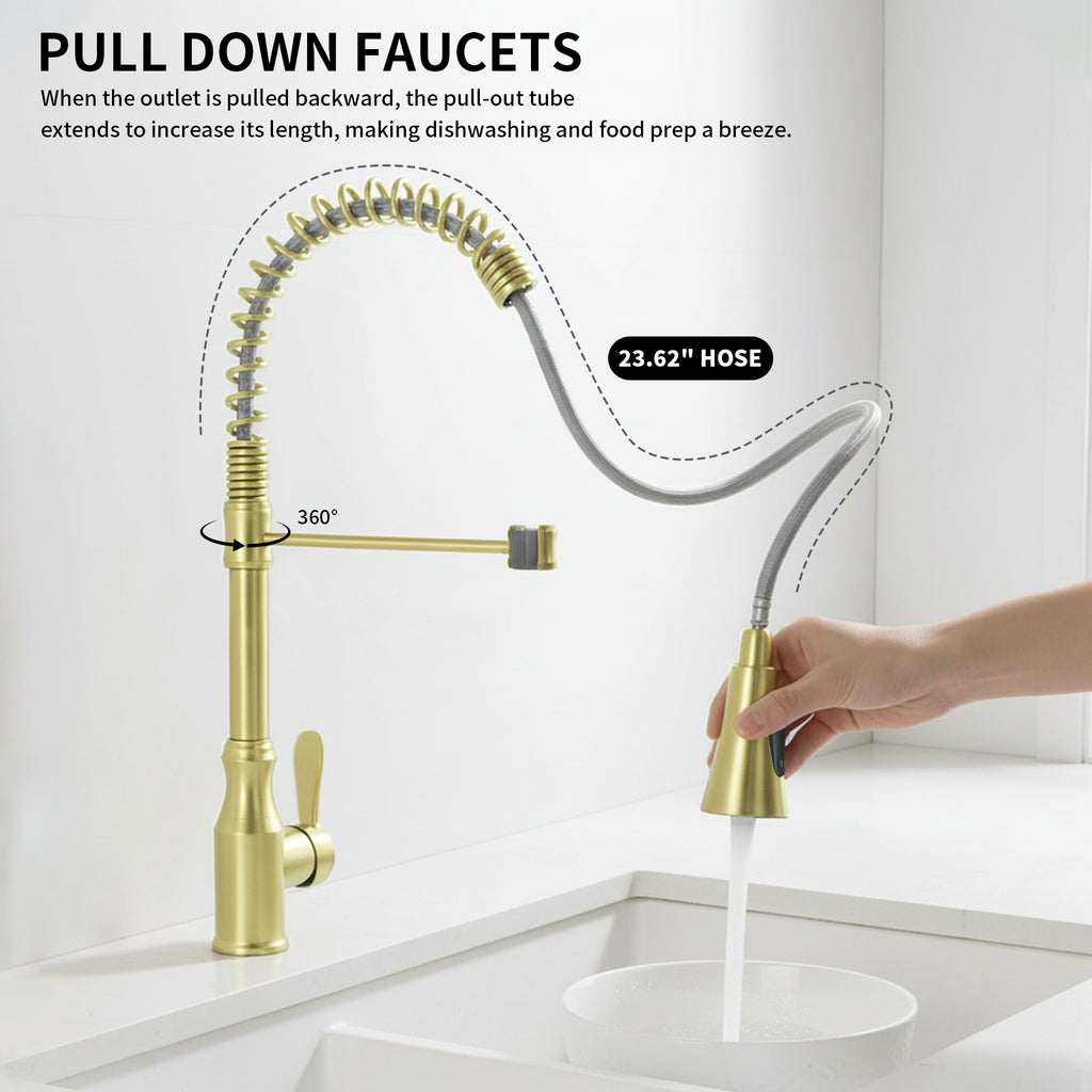 Kitchen Sink Faucet with Pull Down Sprayer, Spot Free Stainless Steel & Brass, High Arc Spring Faucet Single Handle 360° Swivel 1.8 GPM 1-Hole Mount (Brushed Gold)