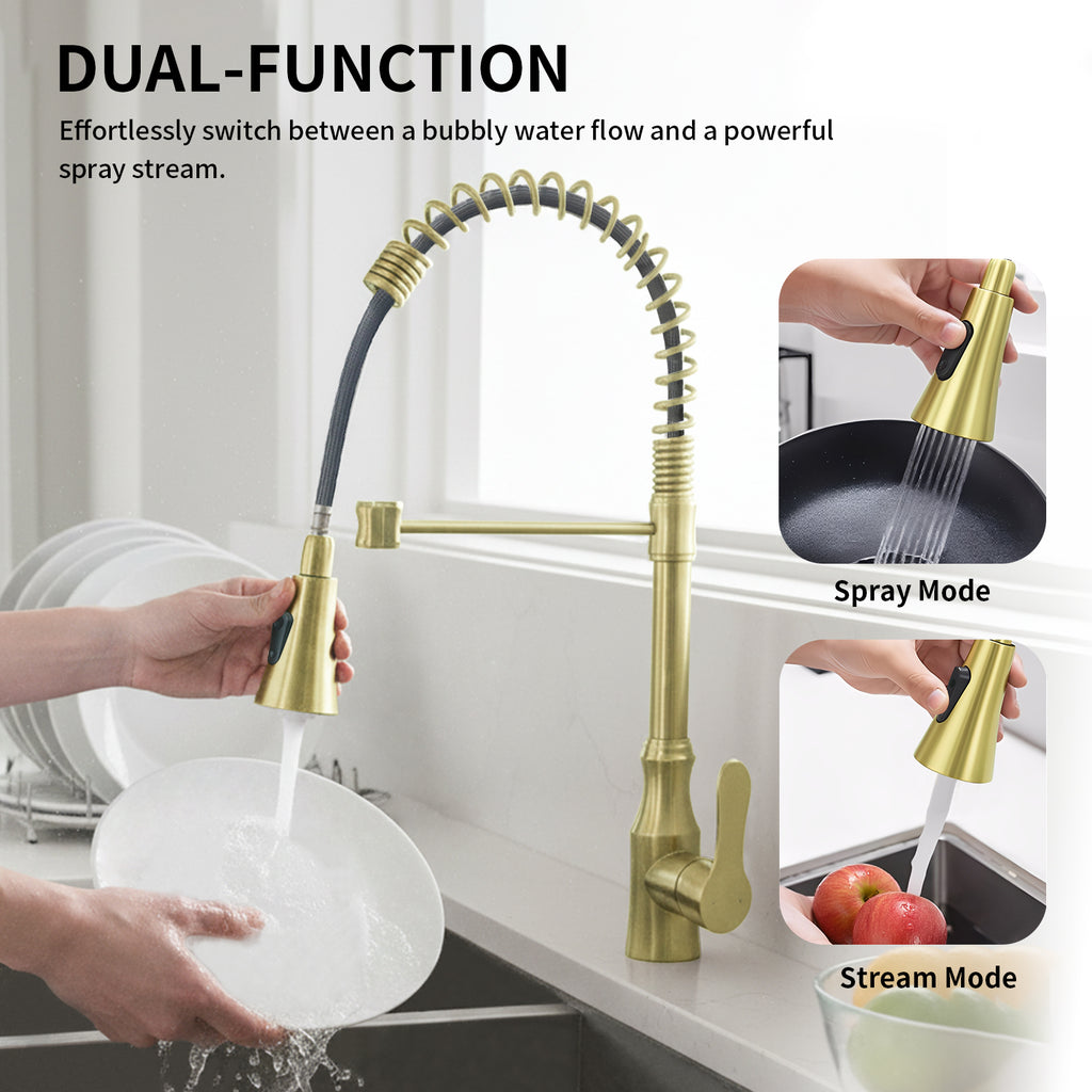 Kitchen Sink Faucet with Pull Down Sprayer, Spot Free Stainless Steel & Brass, High Arc Spring Faucet Single Handle 360° Swivel 1.8 GPM 1-Hole Mount (Brushed Gold)