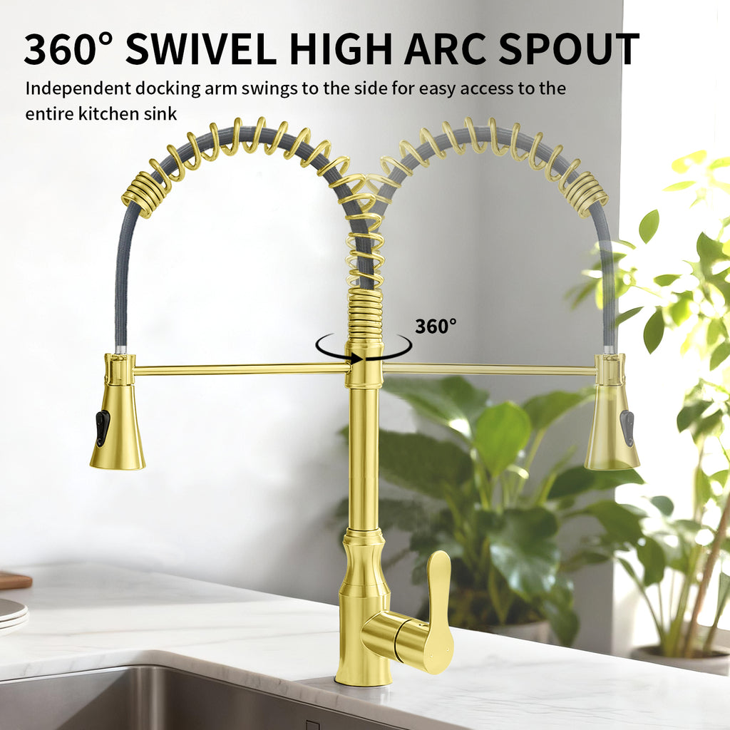 Kitchen Sink Faucet with Pull Down Sprayer, Spot Free Stainless Steel & Brass, High Arc Spring Faucet Single Handle 360° Swivel 1.8 GPM 1-Hole Mount (Brushed Gold)