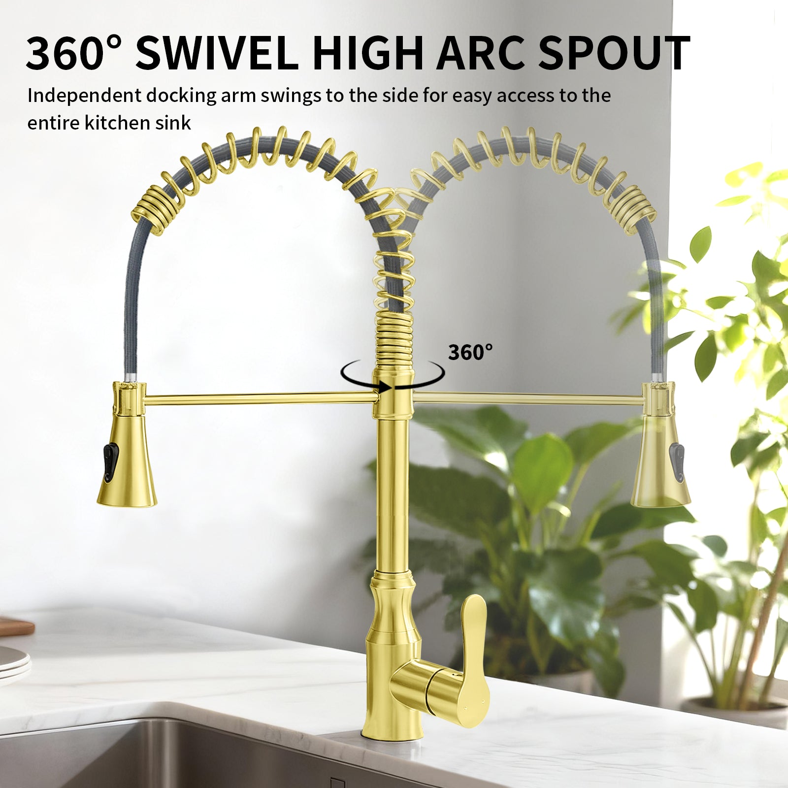 Kitchen Sink Faucet with Pull Down Sprayer, Spot Free Stainless Steel & Brass, High Arc Spring Faucet Single Handle 360° Swivel 1.8 GPM 1-Hole Mount (Brushed Gold)