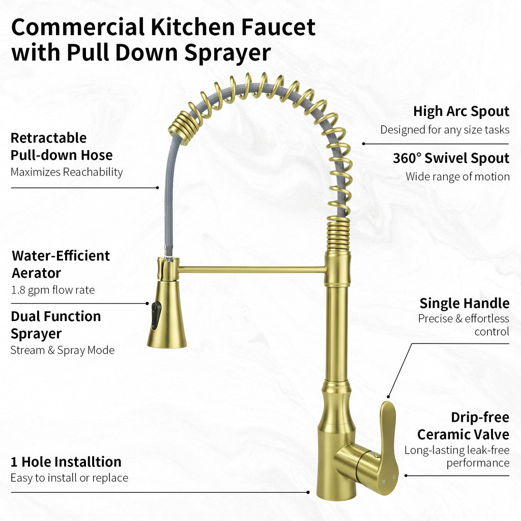 Kitchen Sink Faucet with Pull Down Sprayer, Spot Free Stainless Steel & Brass, High Arc Spring Faucet Single Handle 360° Swivel 1.8 GPM 1-Hole Mount (Brushed Gold)