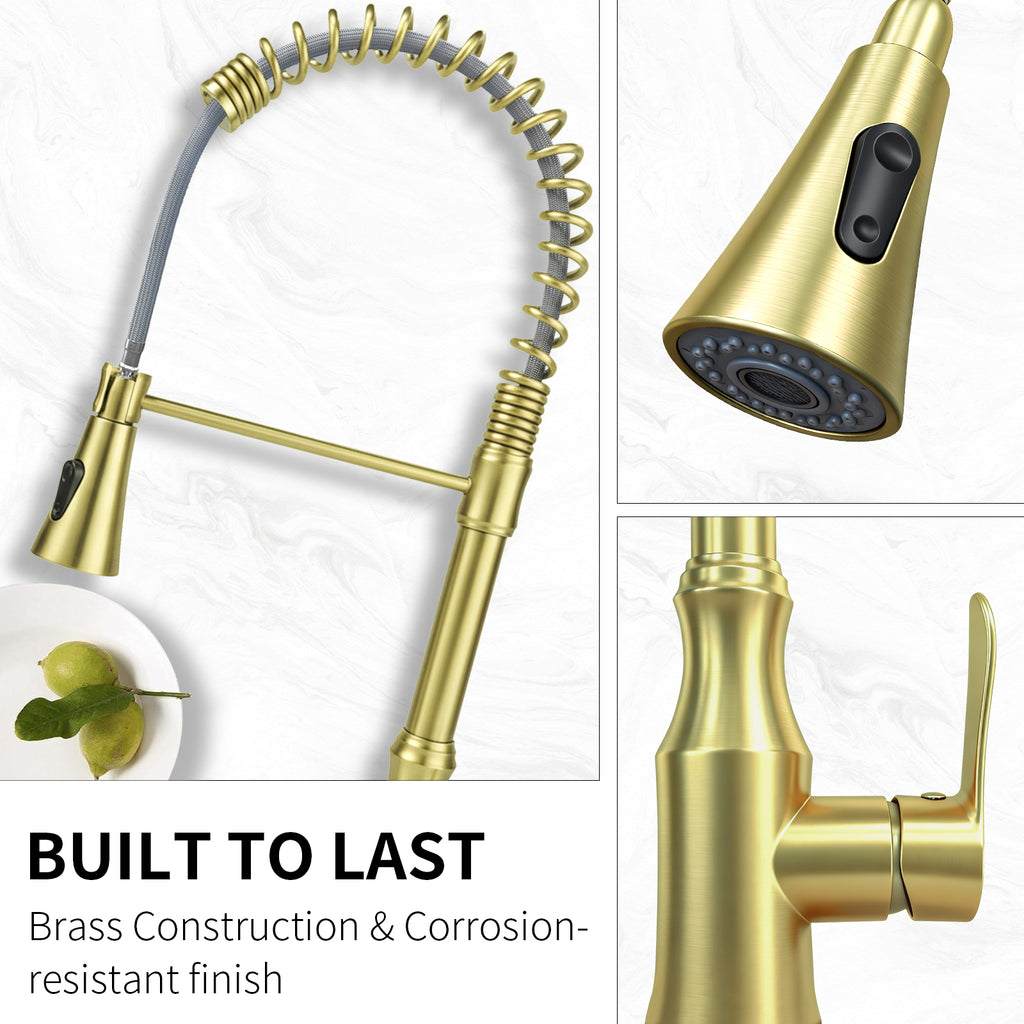 Kitchen Sink Faucet with Pull Down Sprayer, Spot Free Stainless Steel & Brass, High Arc Spring Faucet Single Handle 360° Swivel 1.8 GPM 1-Hole Mount (Brushed Gold)