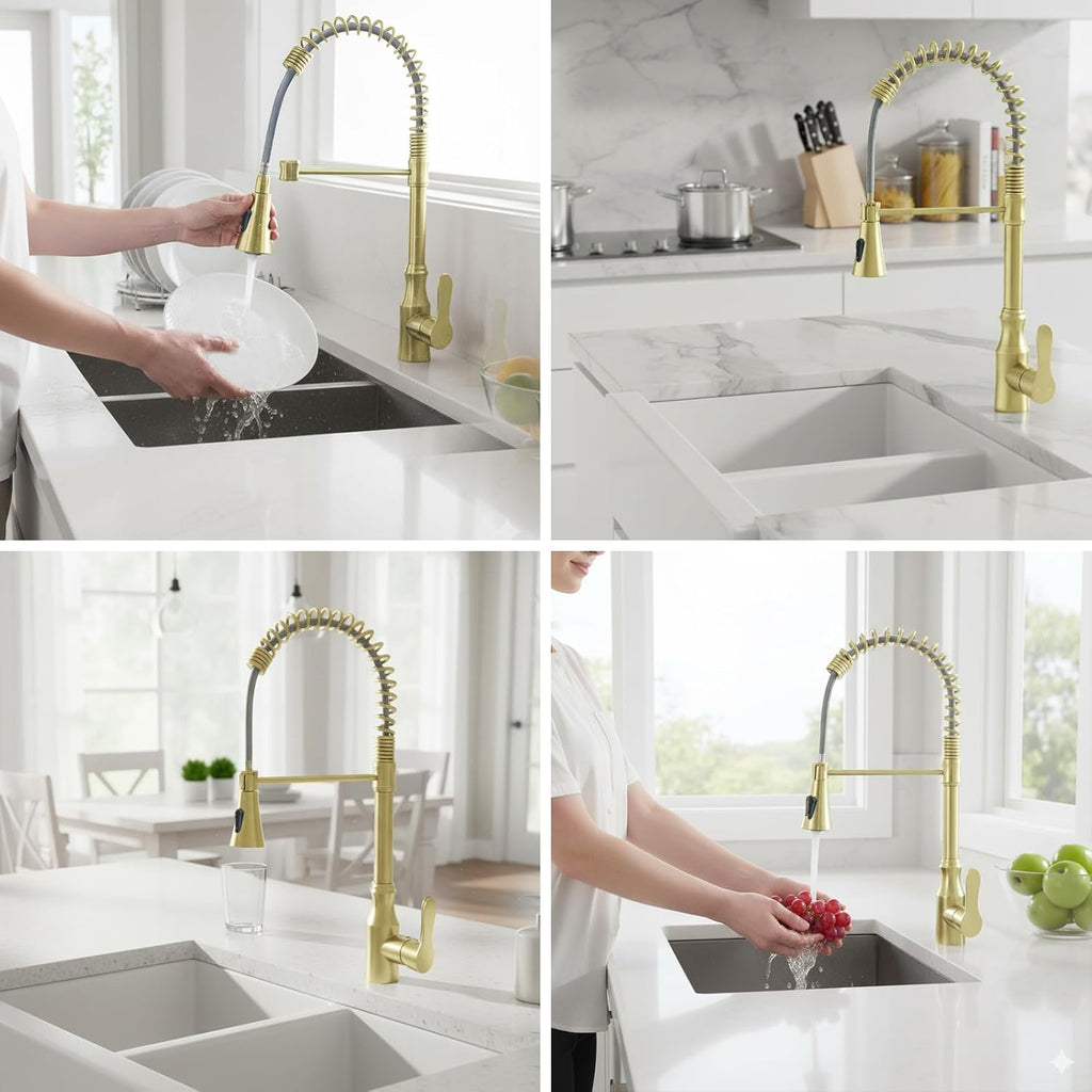 Kitchen Sink Faucet with Pull Down Sprayer, Spot Free Stainless Steel & Brass, High Arc Spring Faucet Single Handle 360° Swivel 1.8 GPM 1-Hole Mount (Brushed Gold)