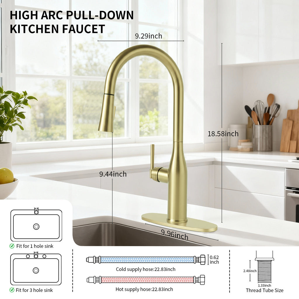 Pull Down Sprayer Kitchen Sink Faucet, Single Handle Kitchen Faucet, Brush Gold 8L2108