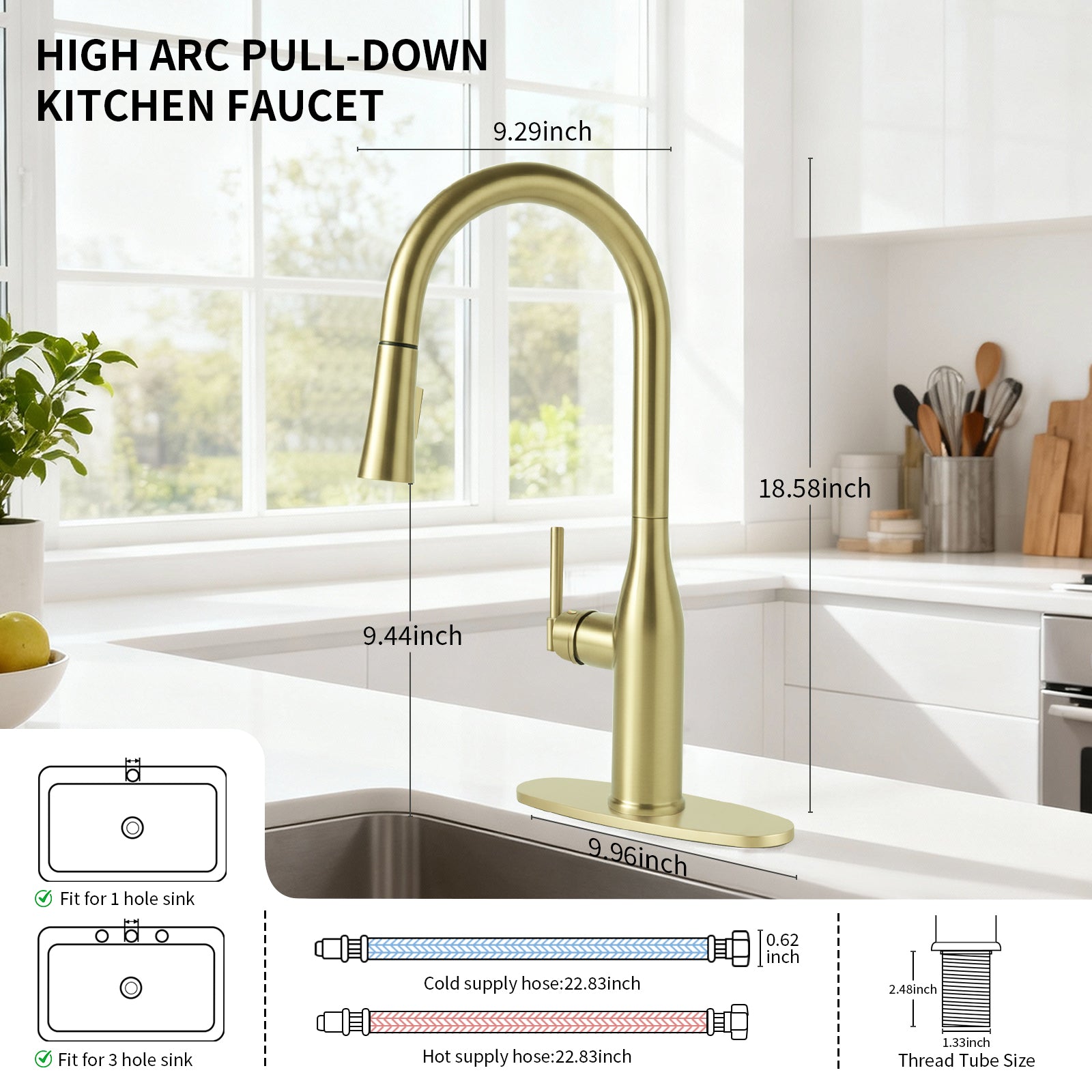 Pull Down Kitchen Faucet with 2-Function Sprayer, Spot Free Stainless Steel High Arc Single Handle 360° Swivel, 1-3 Holes Commercial Sink Faucet with Deck Plate (Brushed Gold)