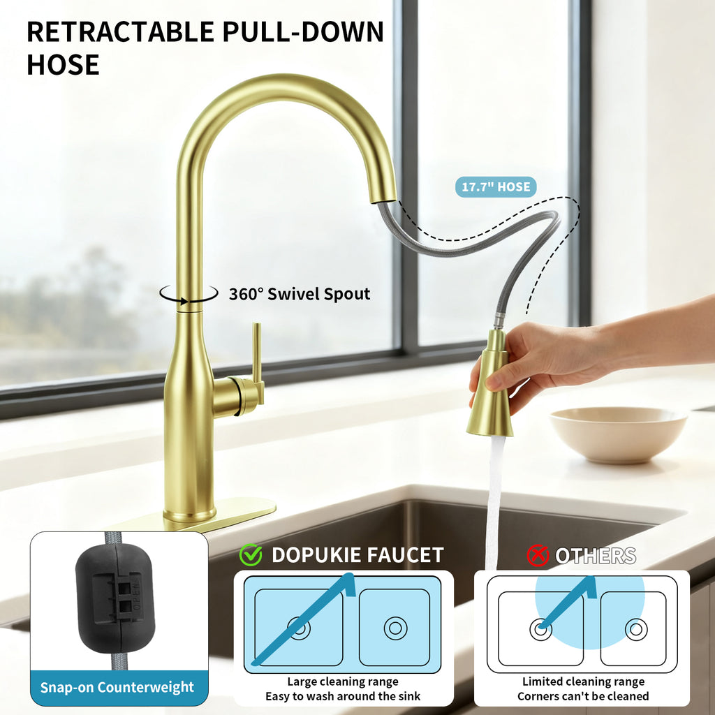 Pull Down Sprayer Kitchen Sink Faucet, Single Handle Kitchen Faucet, Brush Gold 8L2108