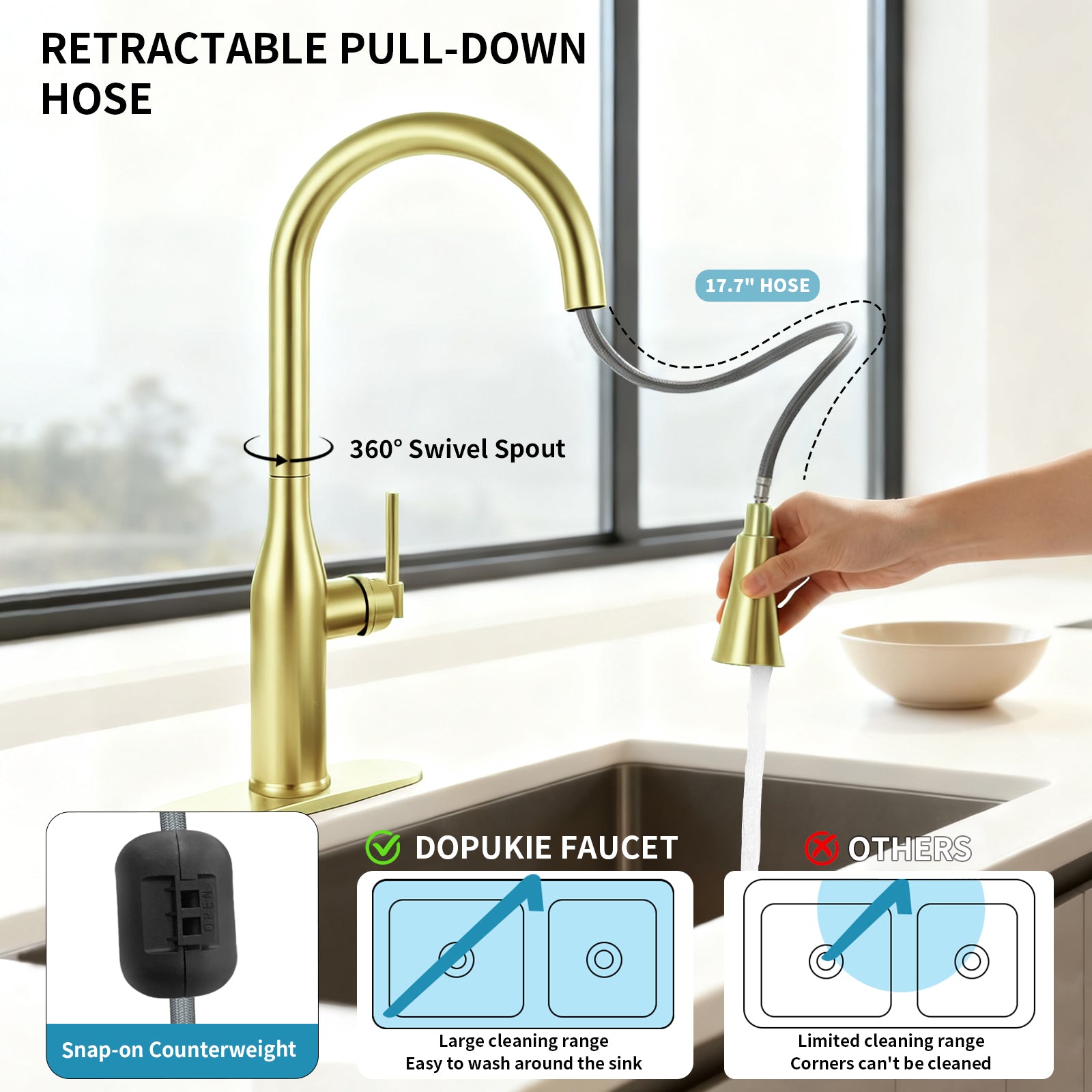 Pull Down Kitchen Faucet with 2-Function Sprayer, Spot Free Stainless Steel High Arc Single Handle 360° Swivel, 1-3 Holes Commercial Sink Faucet with Deck Plate (Brushed Gold)