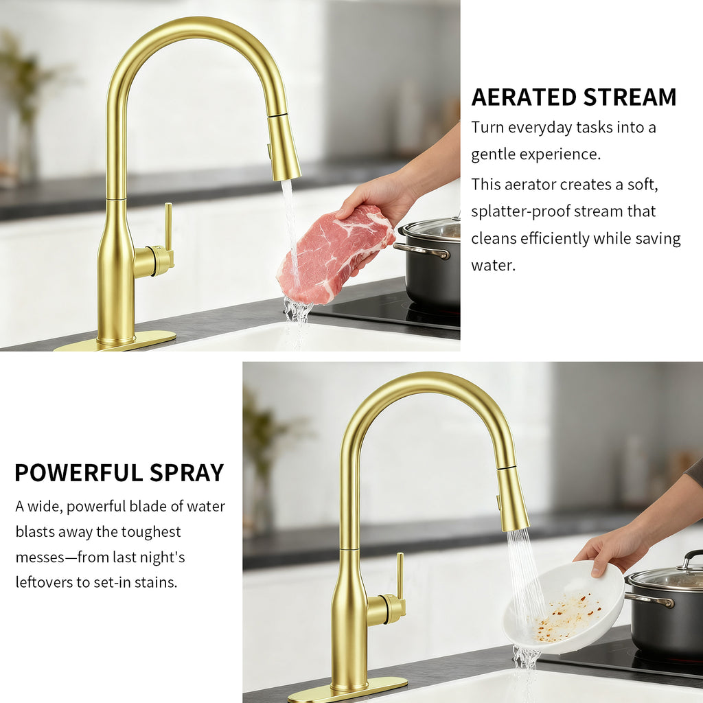 Pull Down Sprayer Kitchen Sink Faucet, Single Handle Kitchen Faucet, Brush Gold 8L2108