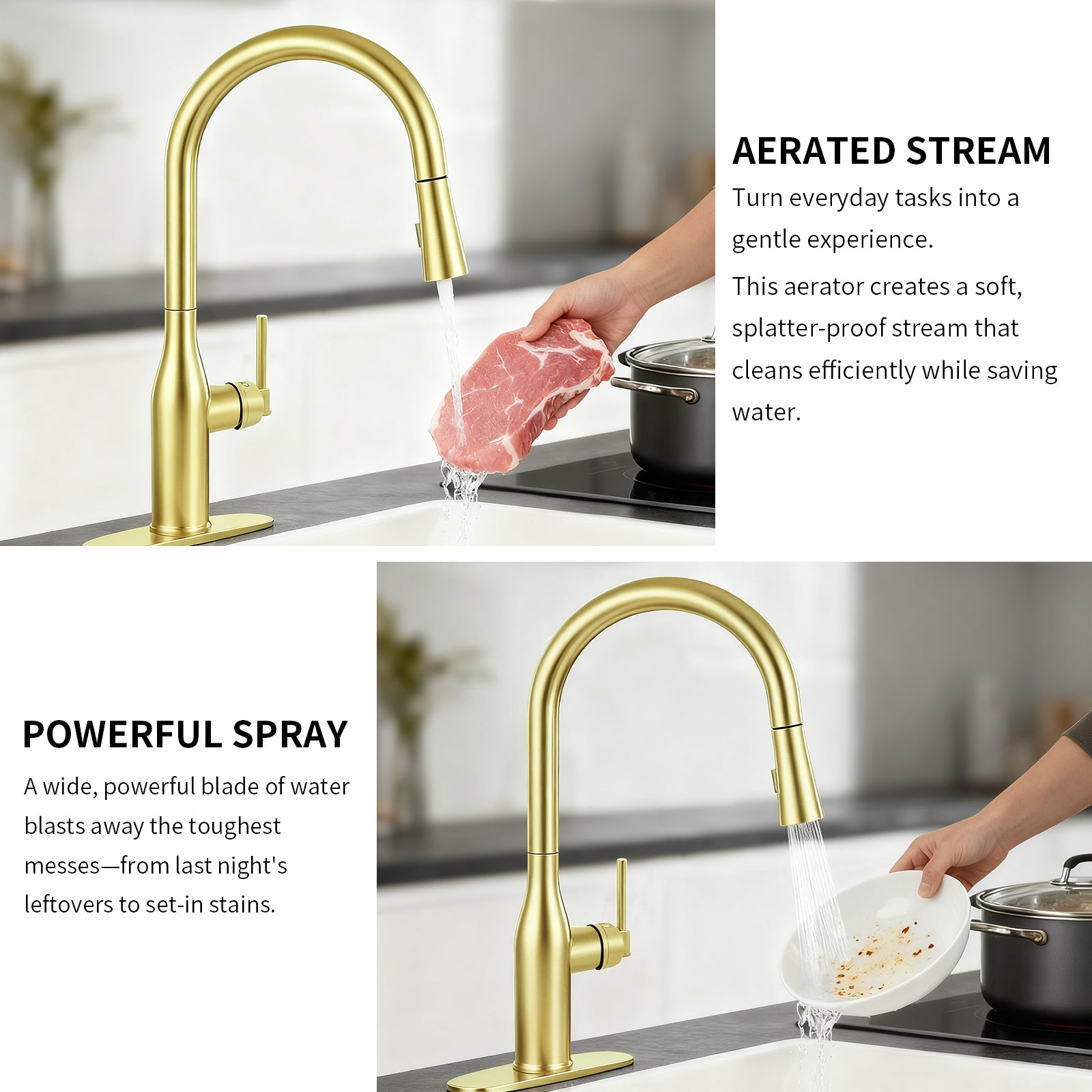 Pull Down Kitchen Faucet with 2-Function Sprayer, Spot Free Stainless Steel High Arc Single Handle 360° Swivel, 1-3 Holes Commercial Sink Faucet with Deck Plate (Brushed Gold)