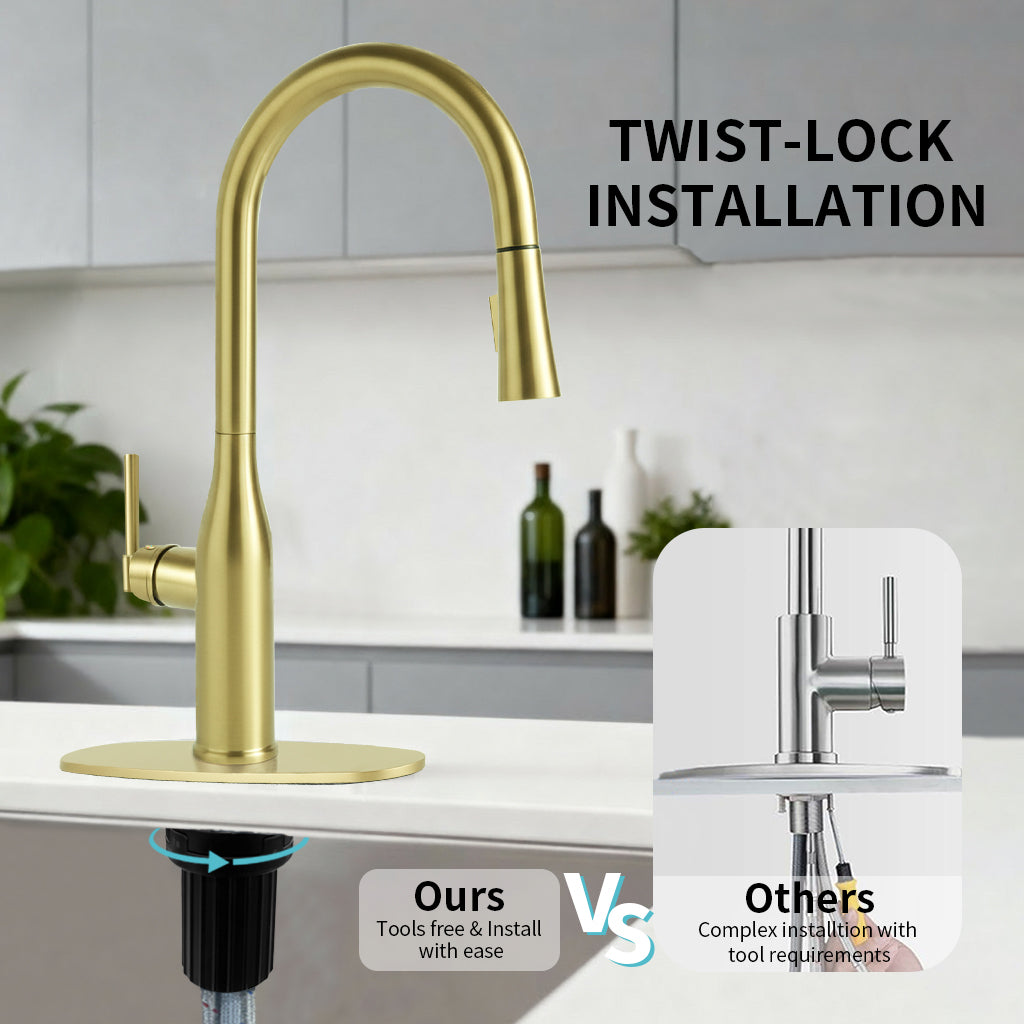 Pull Down Sprayer Kitchen Sink Faucet, Single Handle Kitchen Faucet, Brush Gold 8L2108