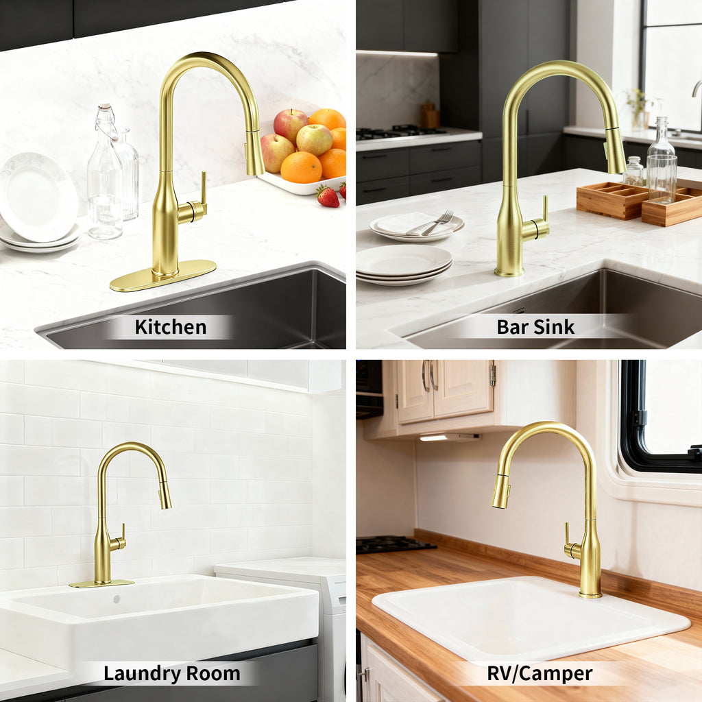 Pull Down Sprayer Kitchen Sink Faucet, Single Handle Kitchen Faucet, Brush Gold 8L2108