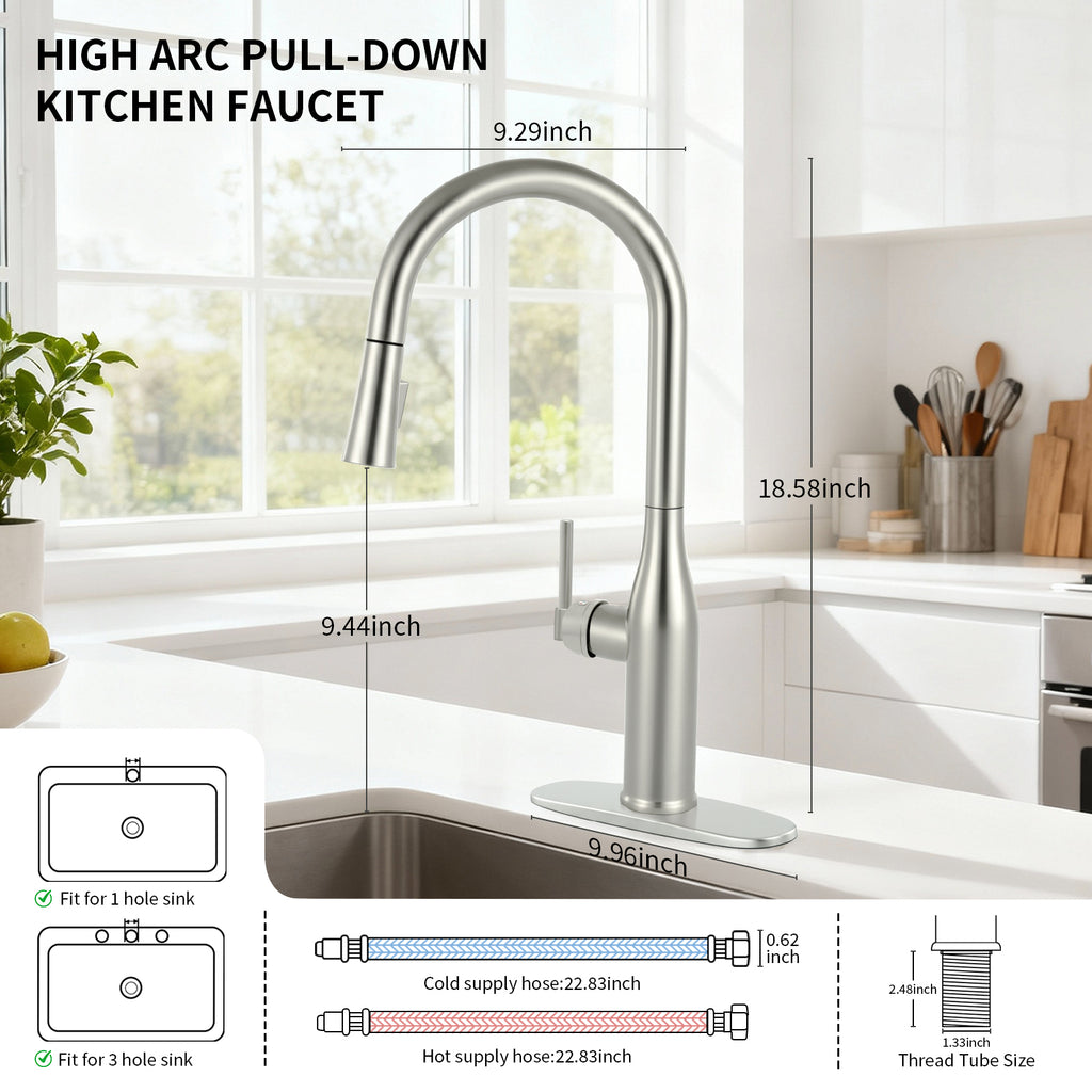 Pull Down Sprayer Kitchen Sink Faucet, Single Handle Kitchen Faucet, Brush Nickel 8L2108