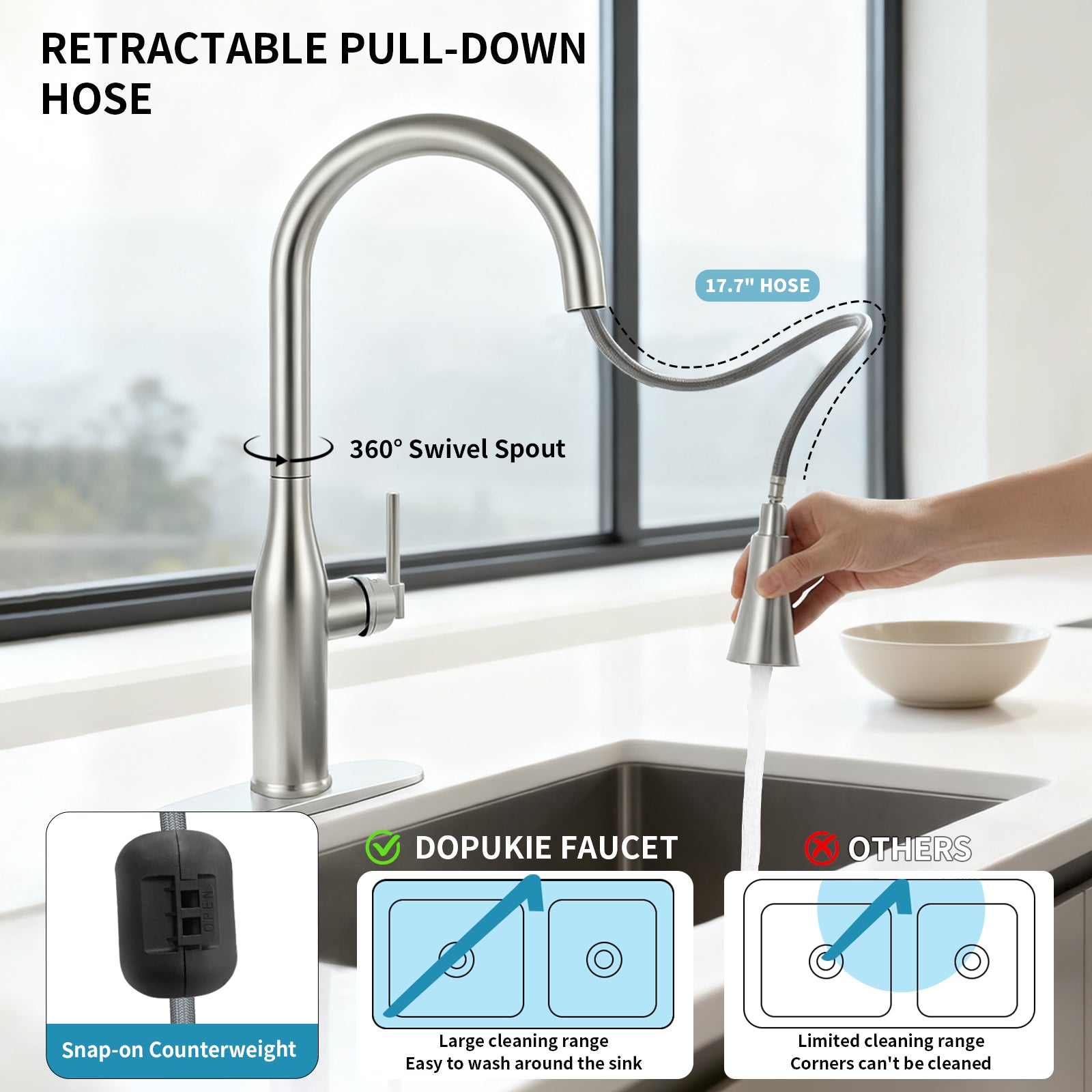 Pull Down Kitchen Faucet with 2-Function Sprayer, Spot Free Stainless Steel High Arc Single Handle 360° Swivel, 1-3 Holes Commercial Sink Faucet with Deck Plate (Brushed Nickel)